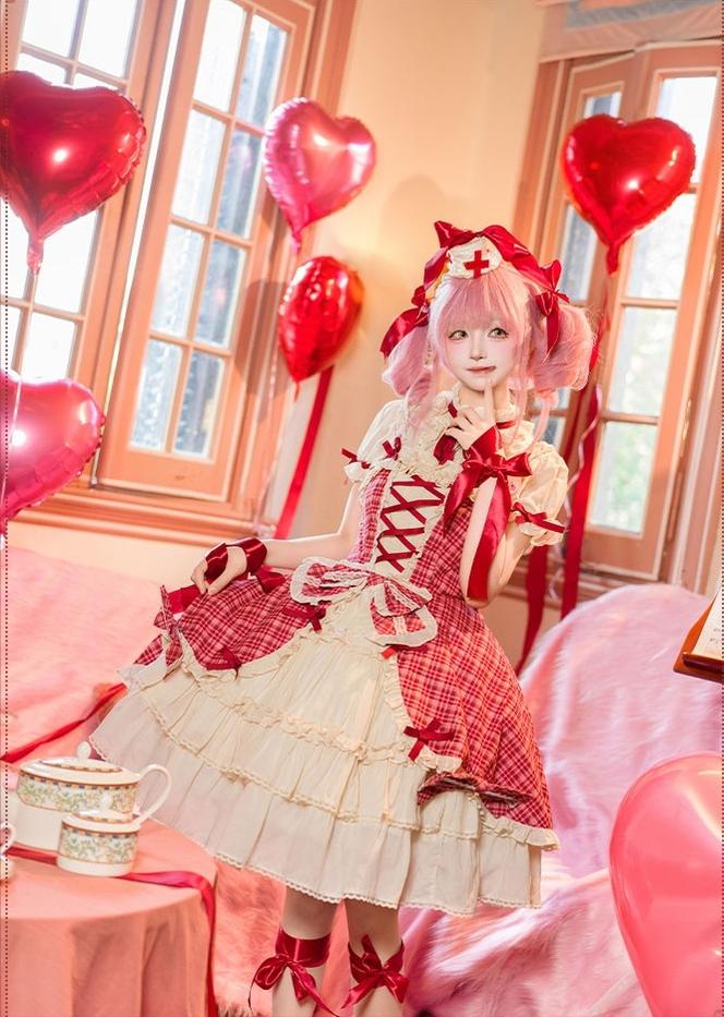 Confession Balloon - Red Plaid Cake Skirt - IP Collab Lolita Plaid JSK Dress - Image 9