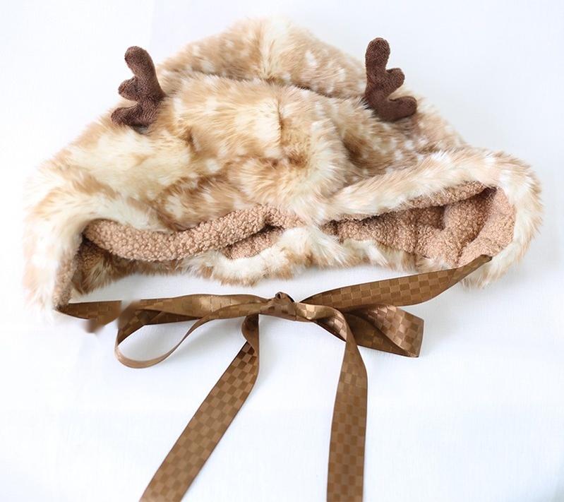 Xiaogui - Deer Spot - Japanese Kawaii Lolita Hat Cute Antler Fleece Lei Feng Hat - Image 11