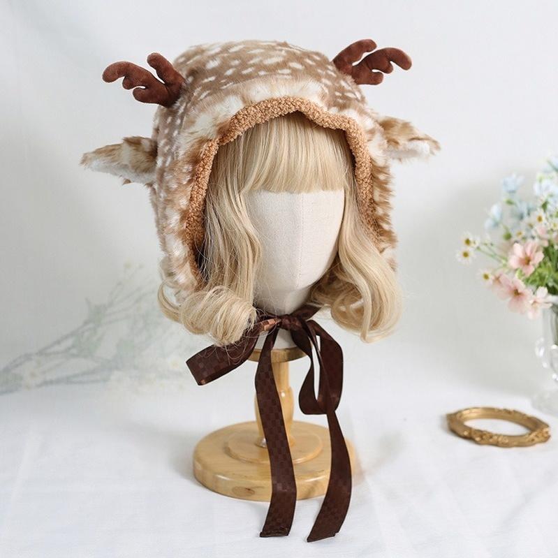 Xiaogui - Deer Spot - Japanese Kawaii Lolita Hat Cute Antler Fleece Lei Feng Hat - Image 2