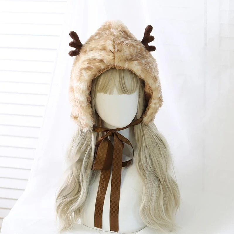 Xiaogui - Deer Spot - Japanese Kawaii Lolita Hat Cute Antler Fleece Lei Feng Hat - Image 3