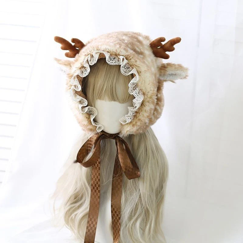 Xiaogui - Deer Spot - Japanese Kawaii Lolita Hat Cute Antler Fleece Lei Feng Hat - Image 4