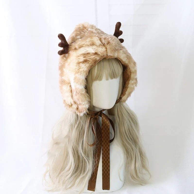 Xiaogui - Deer Spot - Japanese Kawaii Lolita Hat Cute Antler Fleece Lei Feng Hat - Image 5