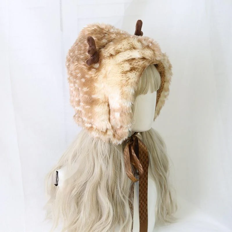 Xiaogui - Deer Spot - Japanese Kawaii Lolita Hat Cute Antler Fleece Lei Feng Hat - Image 7