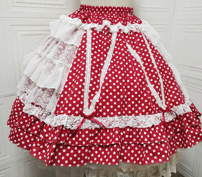 Japanese Old School Lolita Skirt, Polka Dots & Lace - Image 3