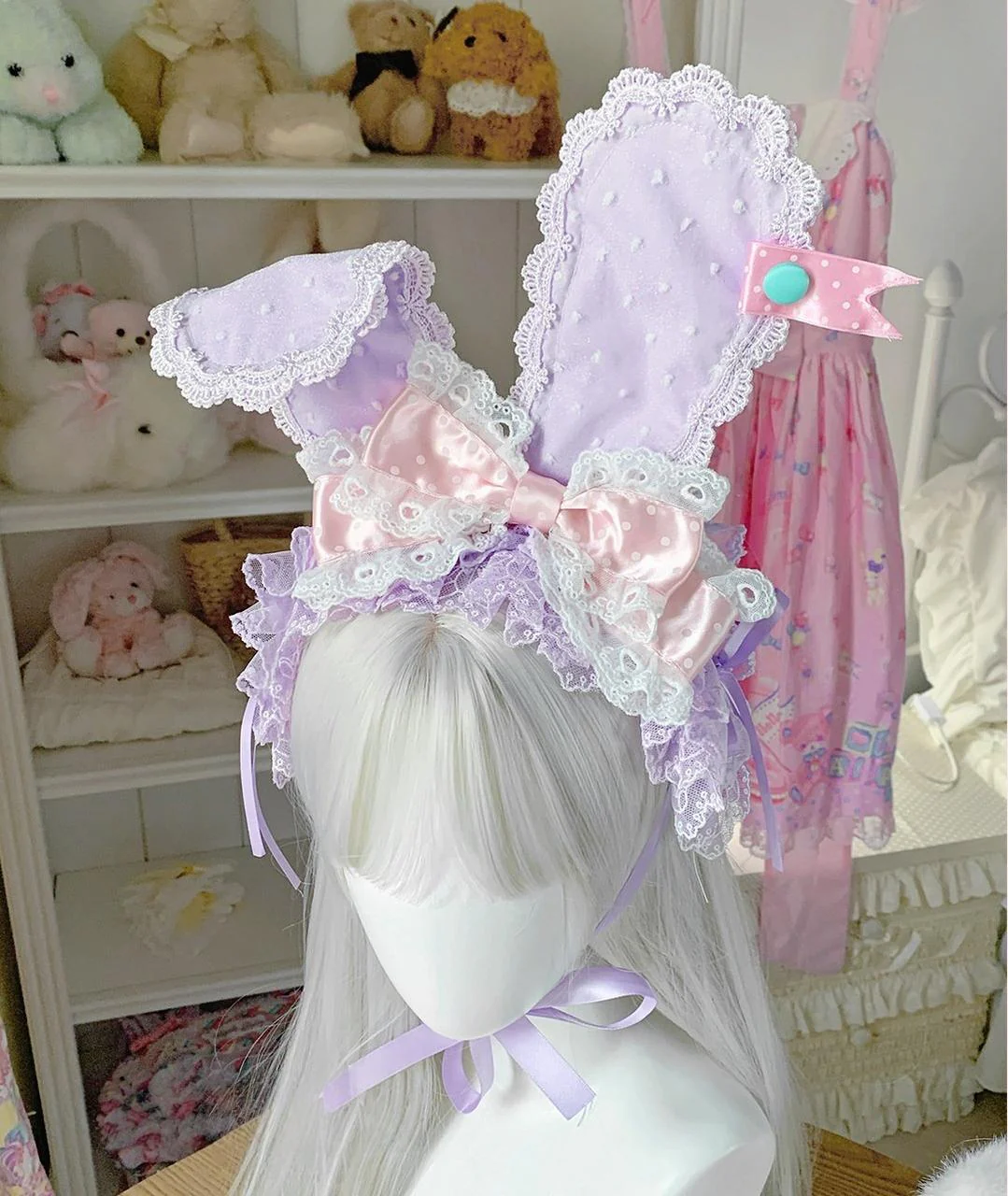 Kawaii Lolita Bunny Ear Hairband, Polka Dot Bow - Image 2