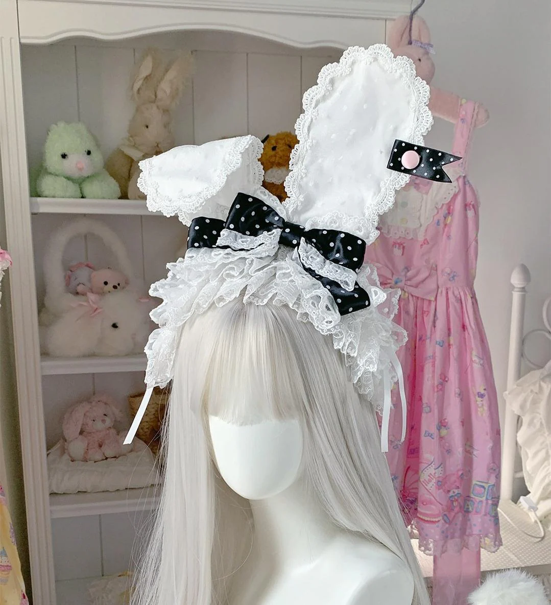 Kawaii Lolita Bunny Ear Hairband, Polka Dot Bow - Image 3