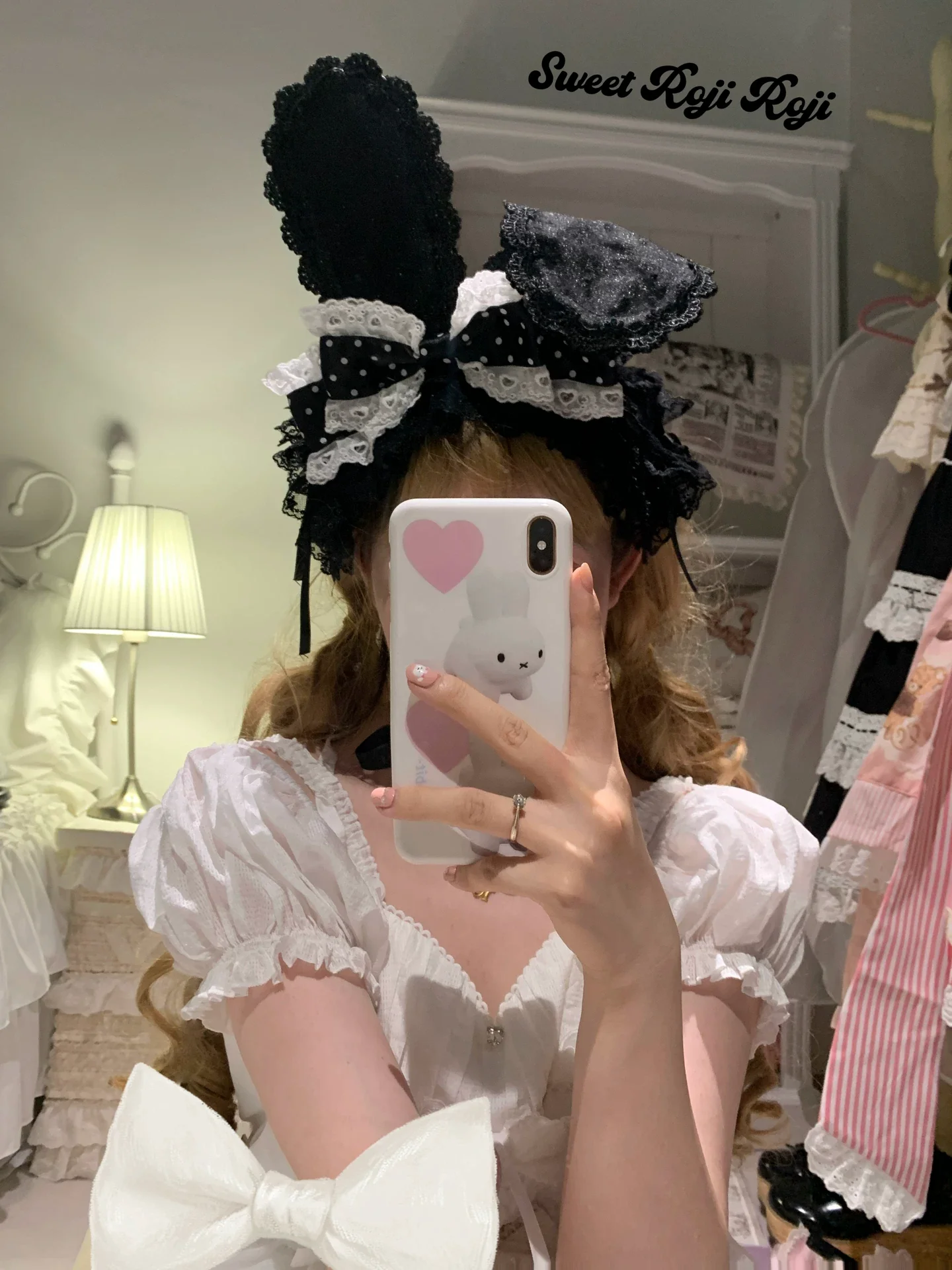 Kawaii Lolita Bunny Ear Hairband, Polka Dot Bow - Image 5