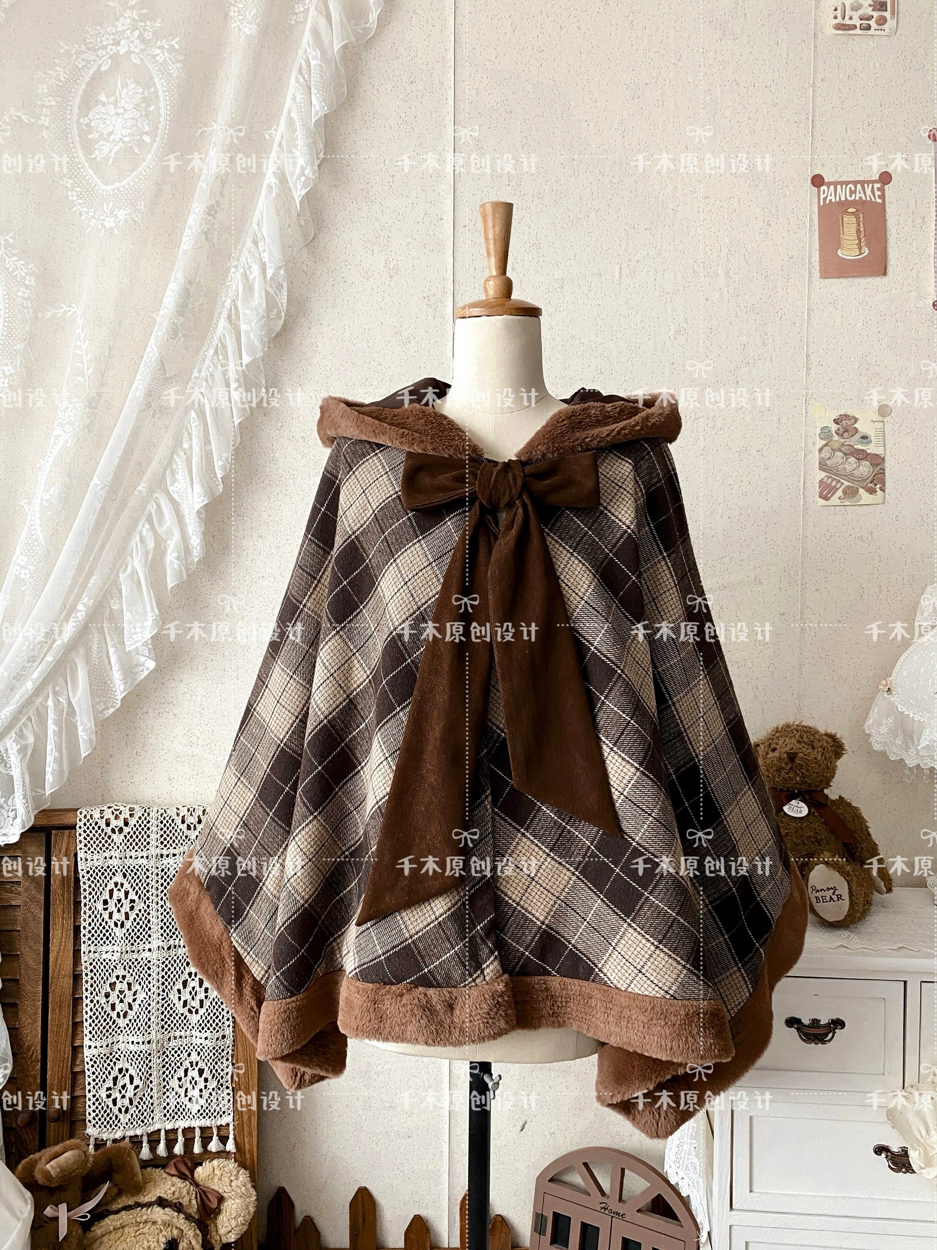 Qianmu - Waffle - Kawaii Lolita Cape Daily Lolita Plaid Hoodie Cloak - Image 10