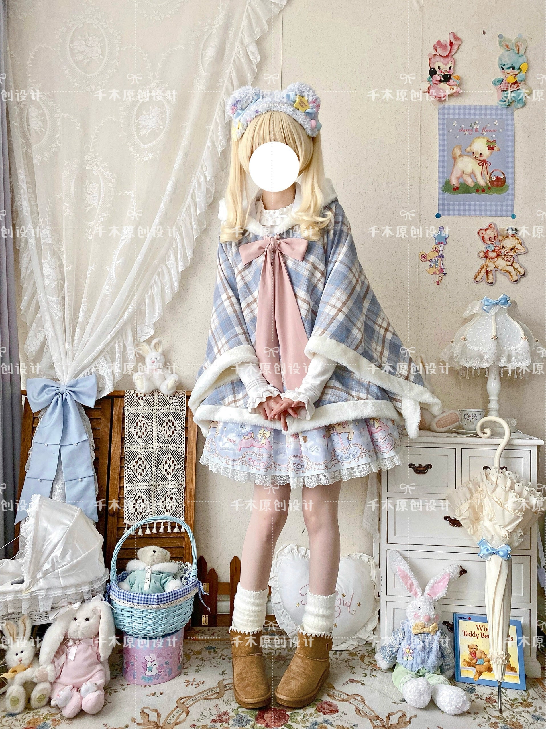 Qianmu - Waffle - Kawaii Lolita Cape Daily Lolita Plaid Hoodie Cloak - Image 11