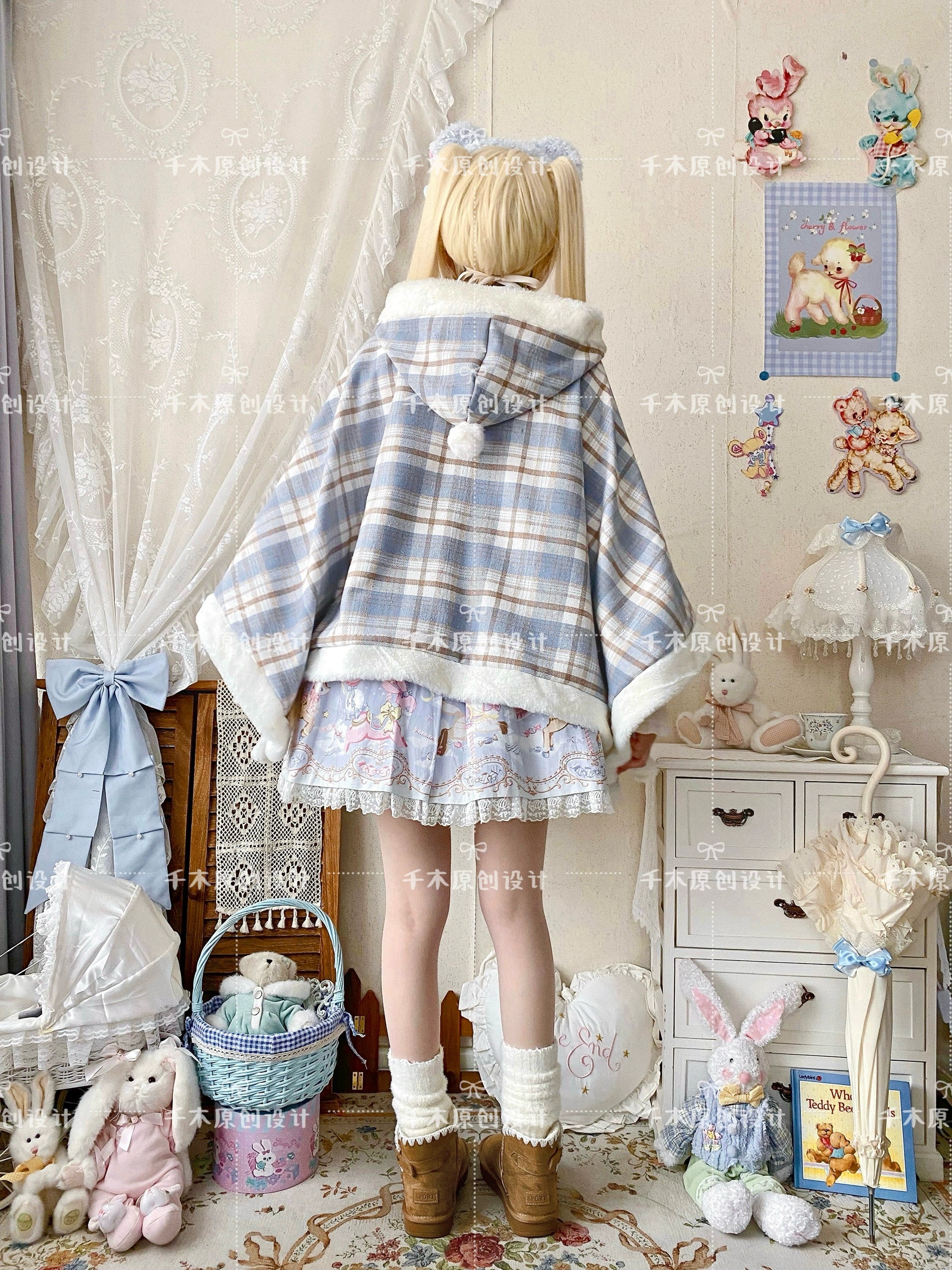 Qianmu - Waffle - Kawaii Lolita Cape Daily Lolita Plaid Hoodie Cloak - Image 12