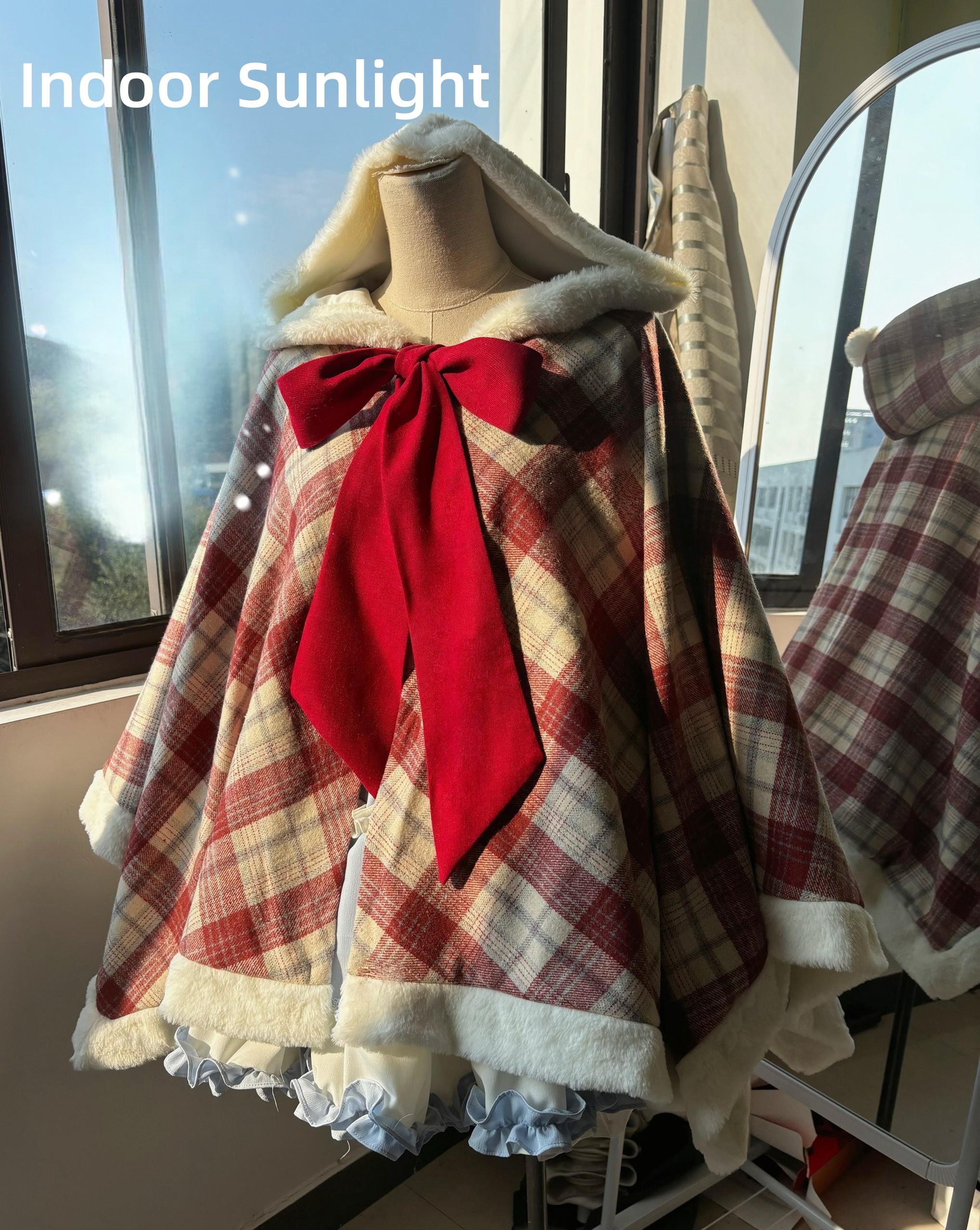 Qianmu - Waffle - Kawaii Lolita Cape Daily Lolita Plaid Hoodie Cloak - Image 13