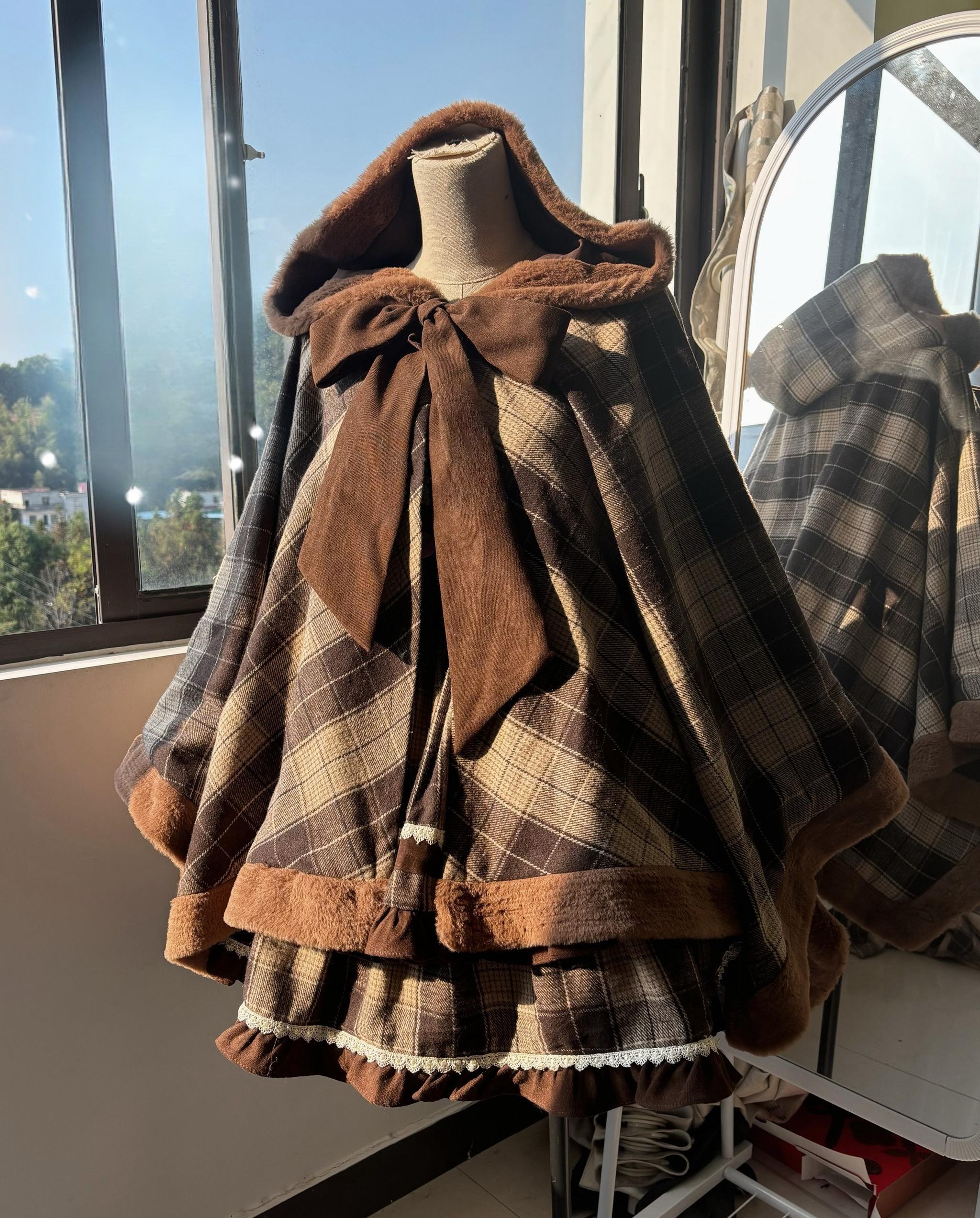 Qianmu - Waffle - Kawaii Lolita Cape Daily Lolita Plaid Hoodie Cloak - Image 14