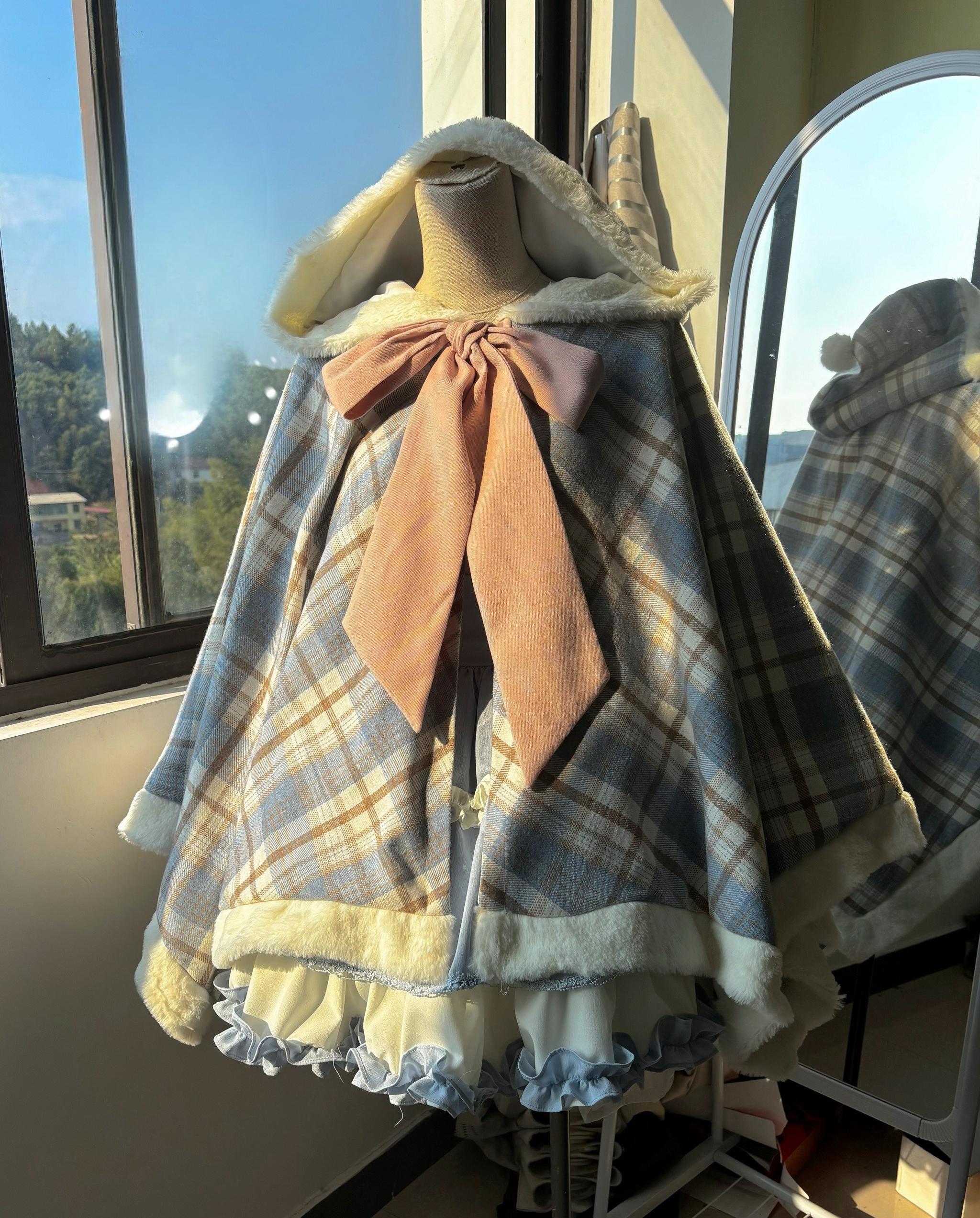 Qianmu - Waffle - Kawaii Lolita Cape Daily Lolita Plaid Hoodie Cloak - Image 15