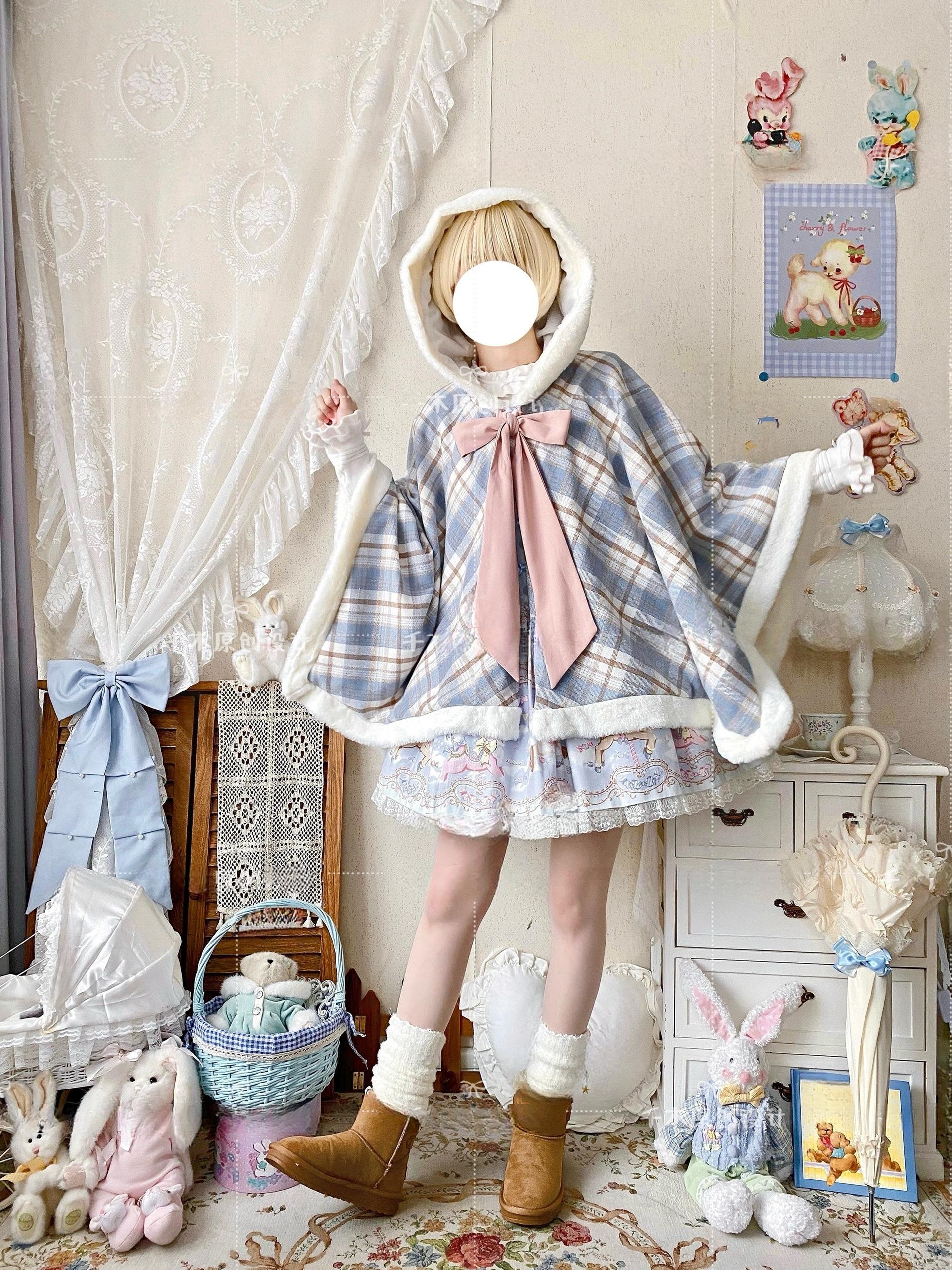 Qianmu - Waffle - Kawaii Lolita Cape Daily Lolita Plaid Hoodie Cloak - Image 3
