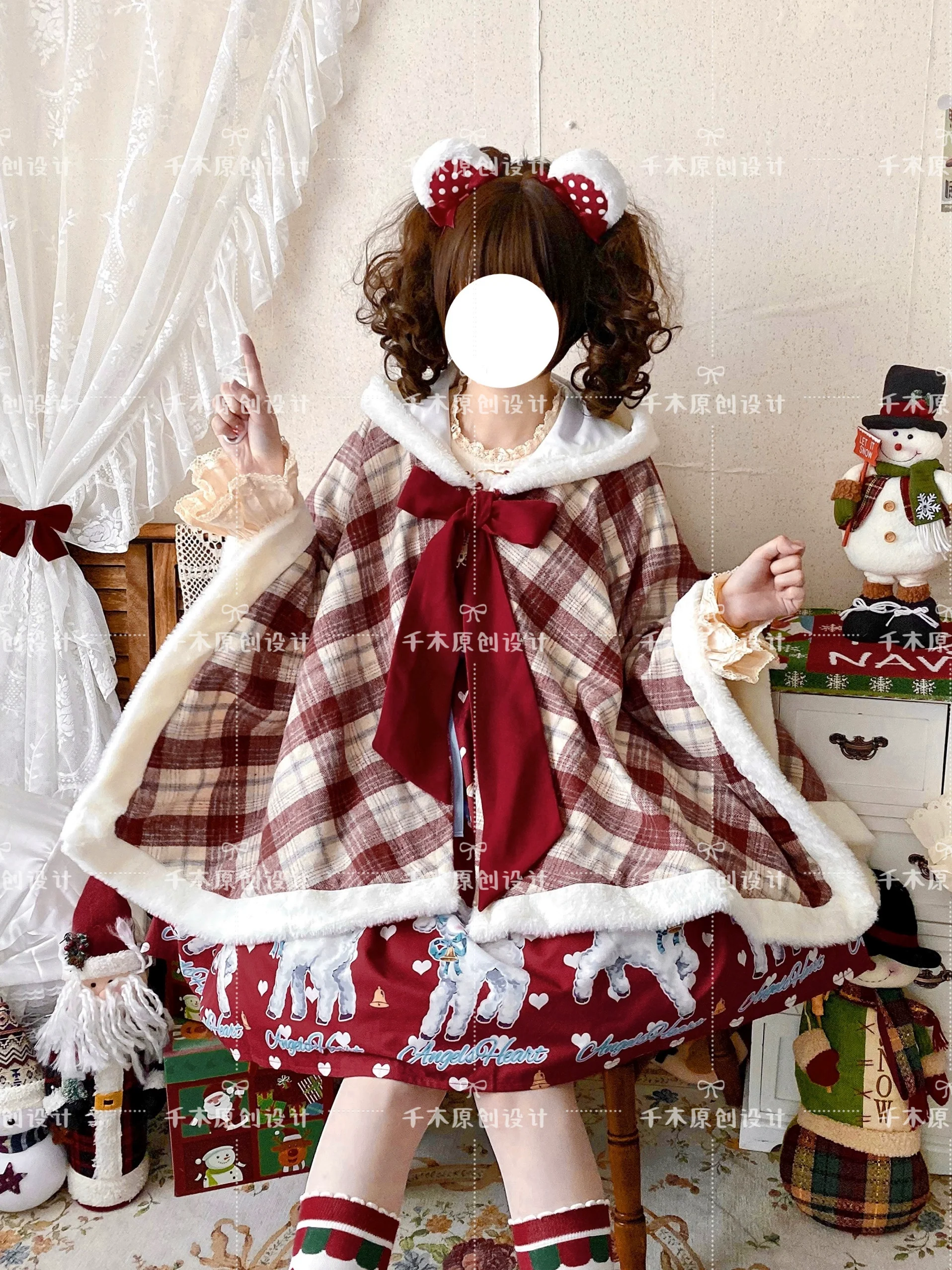Qianmu - Waffle - Kawaii Lolita Cape Daily Lolita Plaid Hoodie Cloak - Image 4