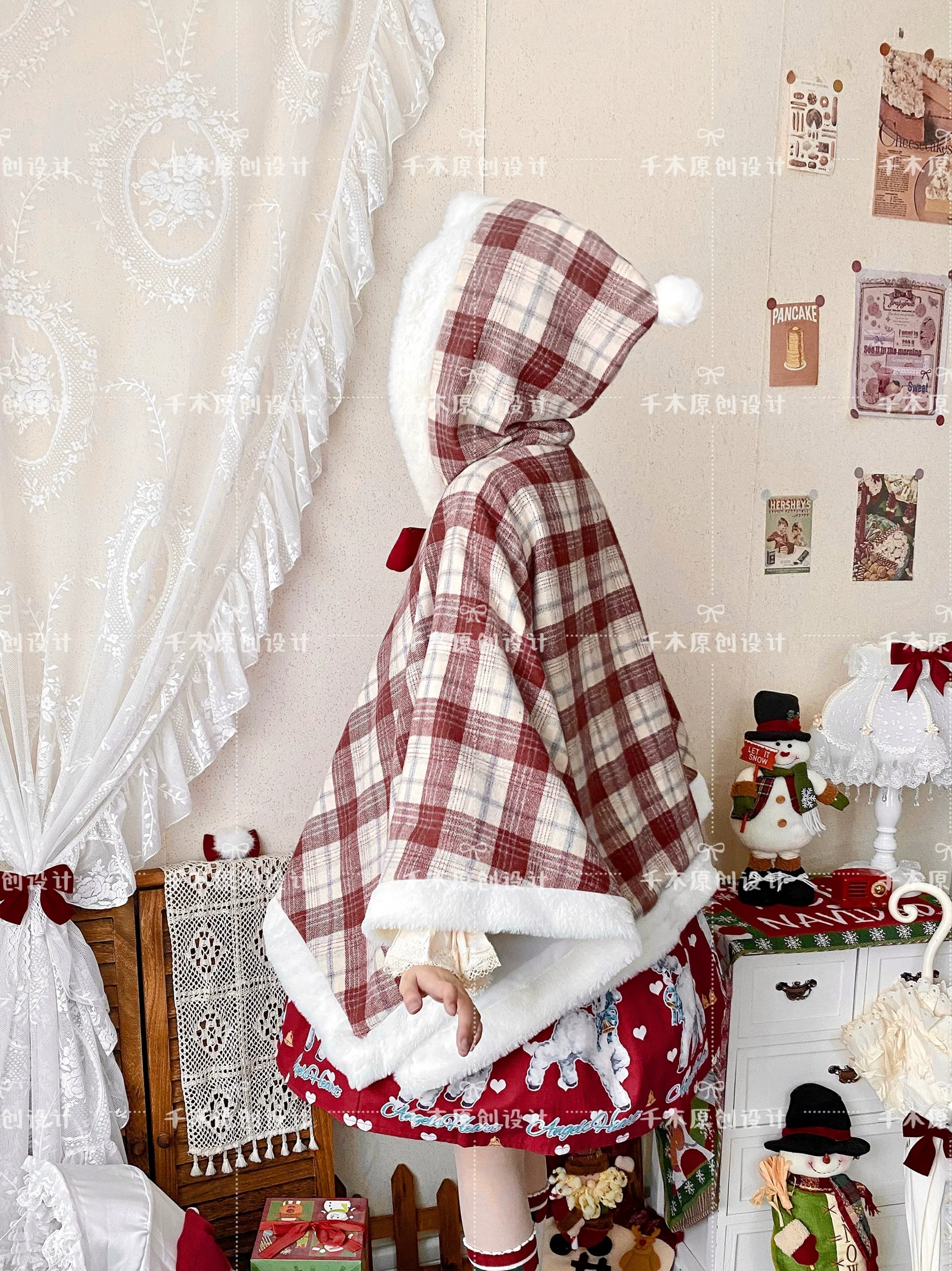 Qianmu - Waffle - Kawaii Lolita Cape Daily Lolita Plaid Hoodie Cloak - Image 5