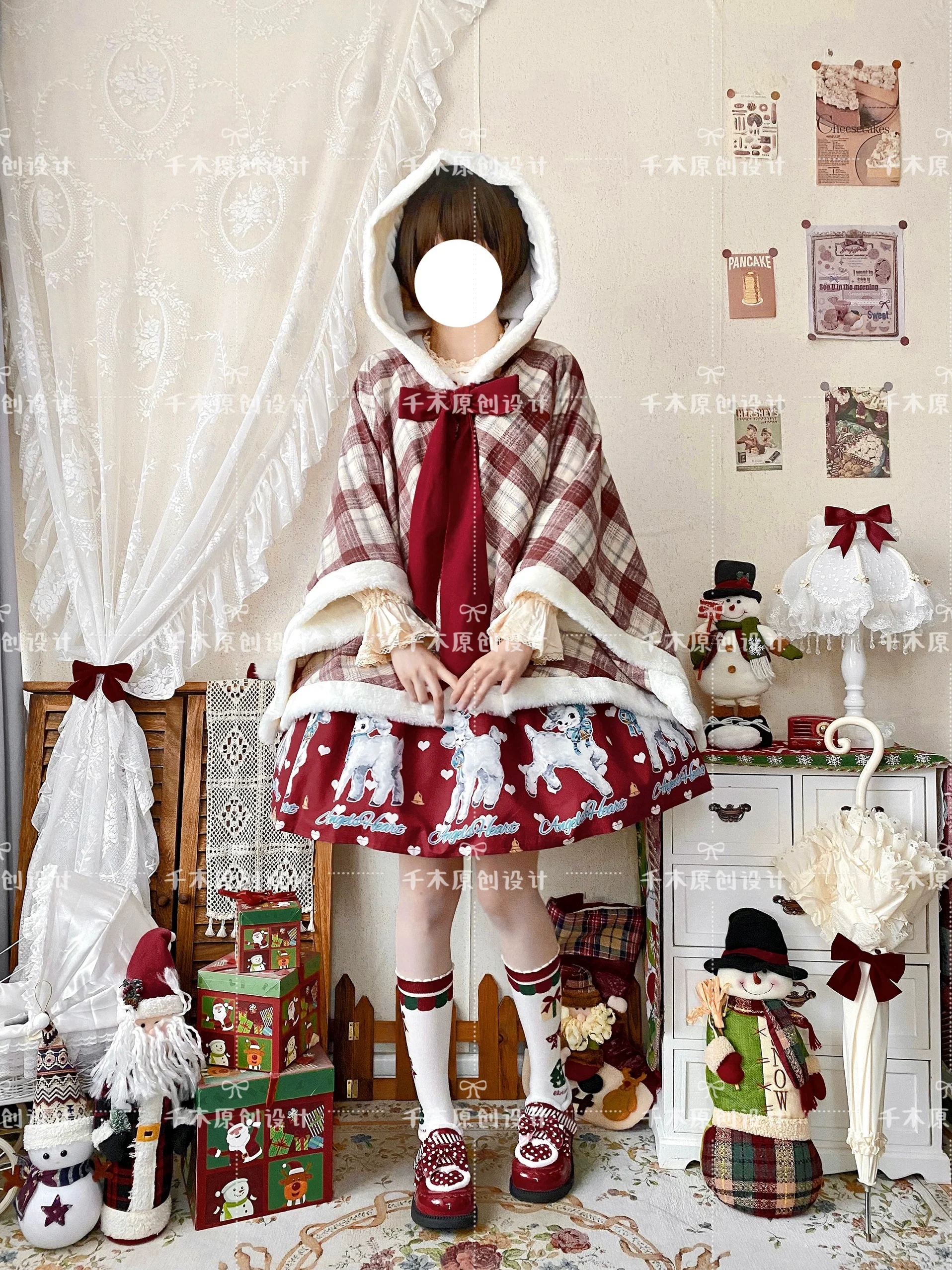 Qianmu - Waffle - Kawaii Lolita Cape Daily Lolita Plaid Hoodie Cloak - Image 6