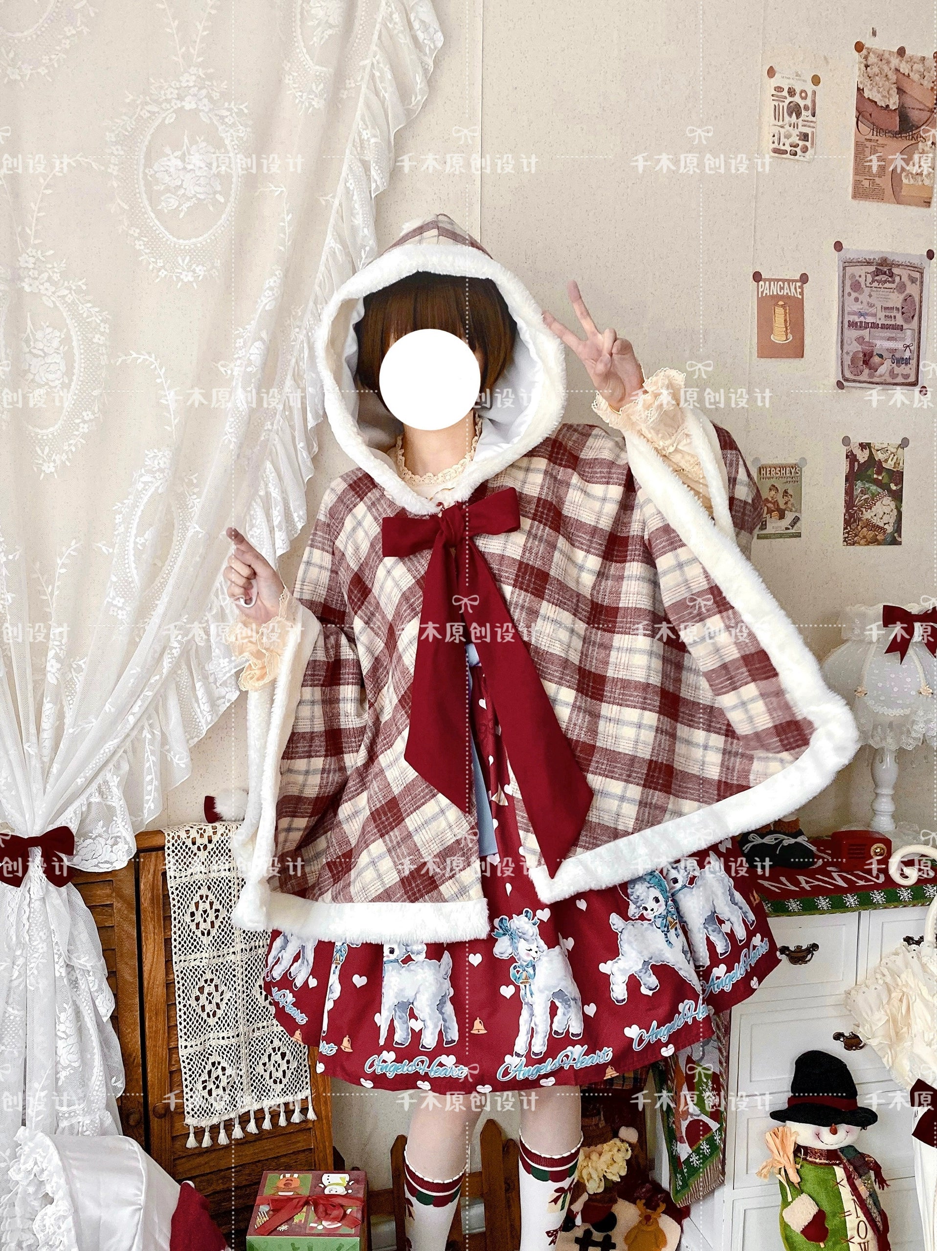 Qianmu - Waffle - Kawaii Lolita Cape Daily Lolita Plaid Hoodie Cloak - Image 7