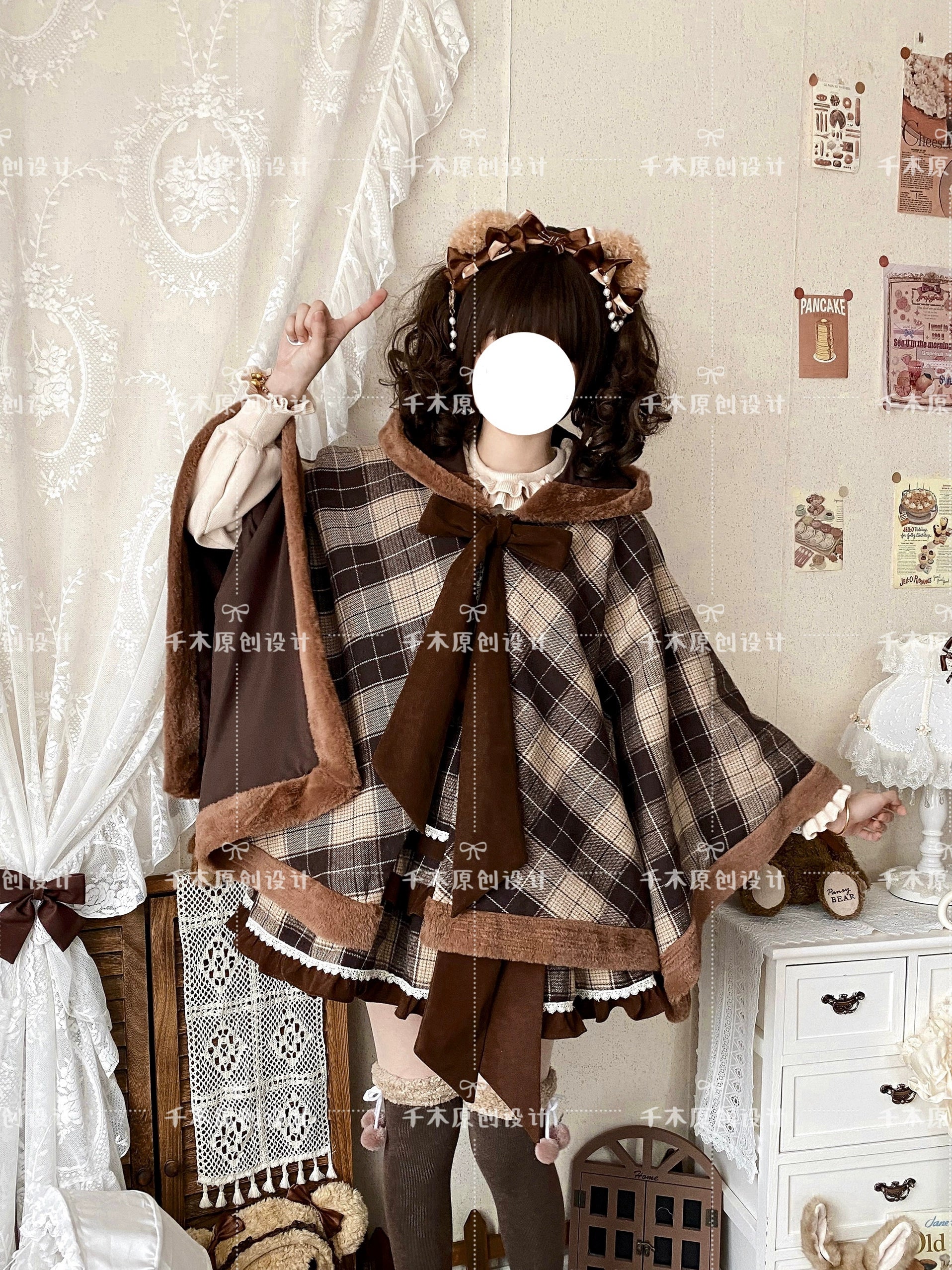 Qianmu - Waffle - Kawaii Lolita Cape Daily Lolita Plaid Hoodie Cloak - Image 8