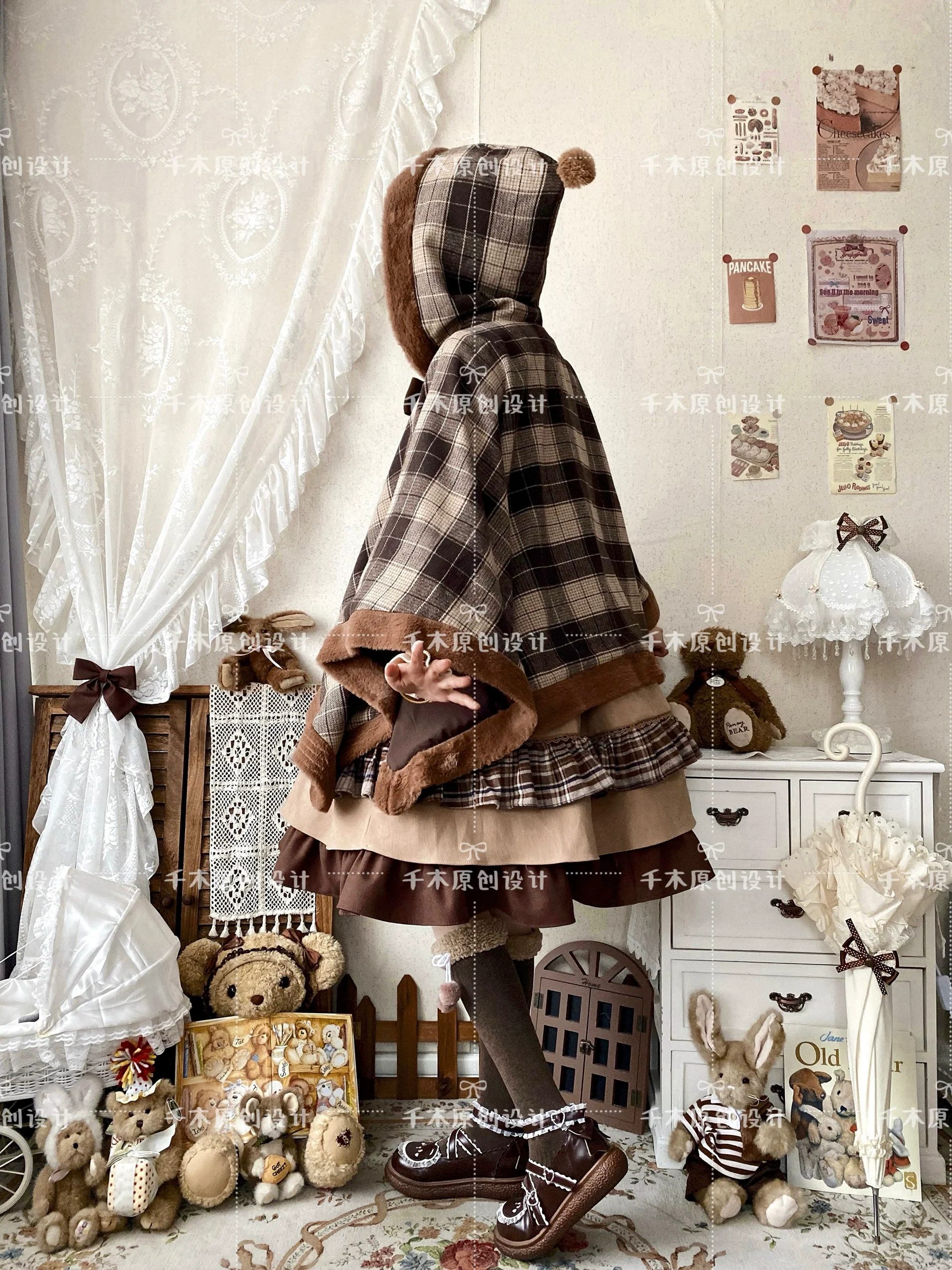 Qianmu - Waffle - Kawaii Lolita Cape Daily Lolita Plaid Hoodie Cloak - Image 9
