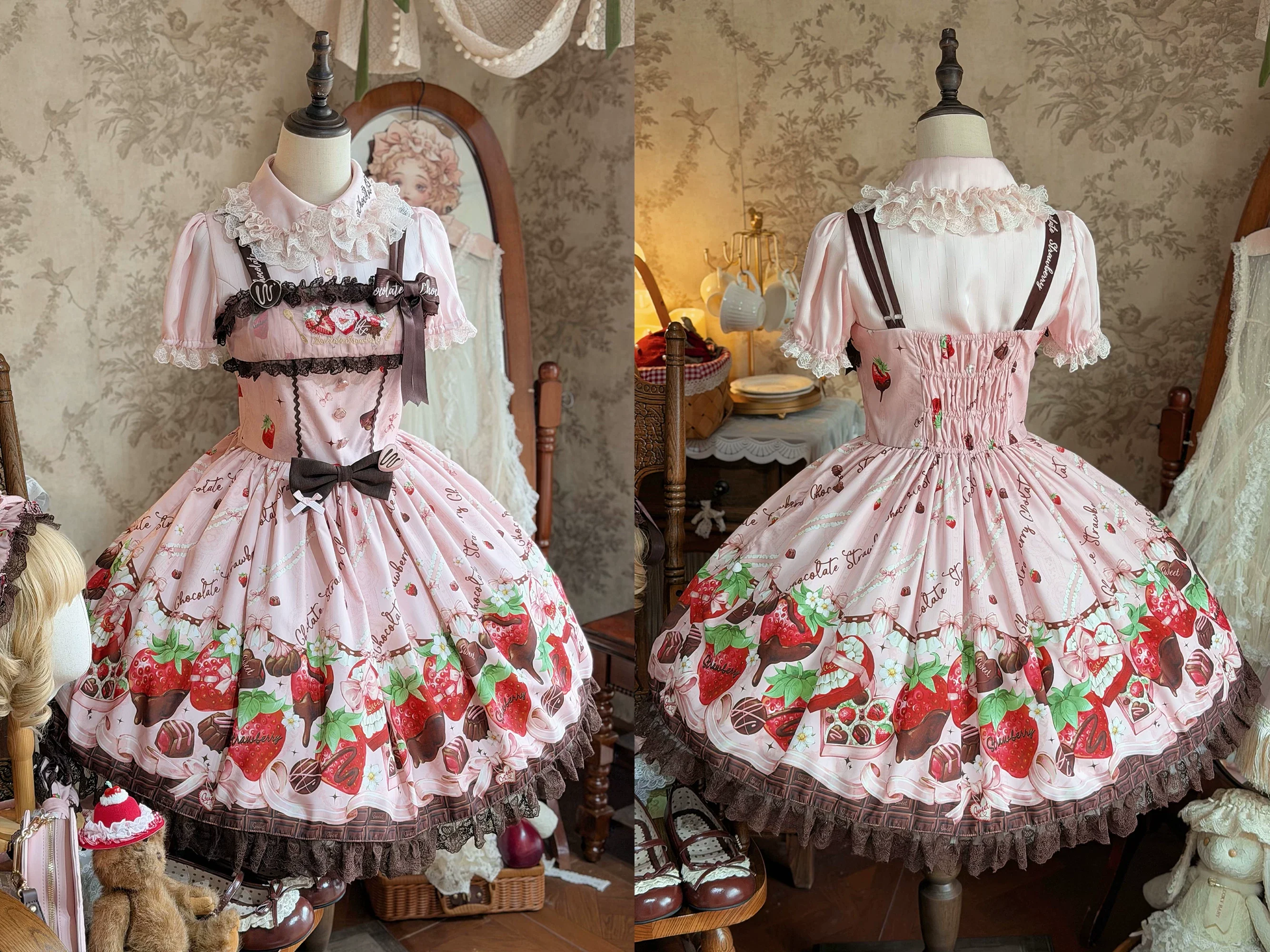 Strawberry Chocolate Lovers - Kawaii Lolita Embroidered Printed Dress - Image 13