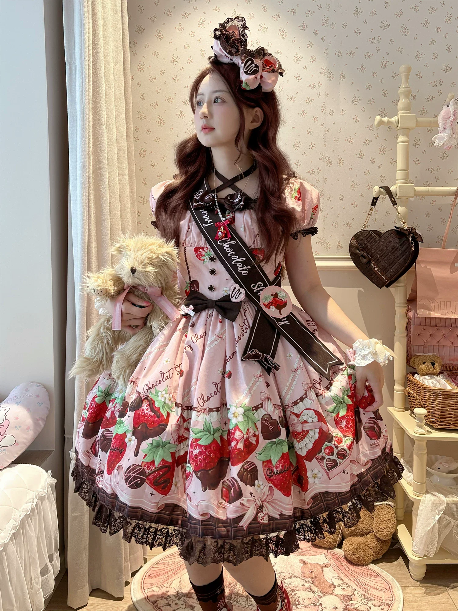 Strawberry Chocolate Lovers - Kawaii Lolita Embroidered Printed Dress - Image 3
