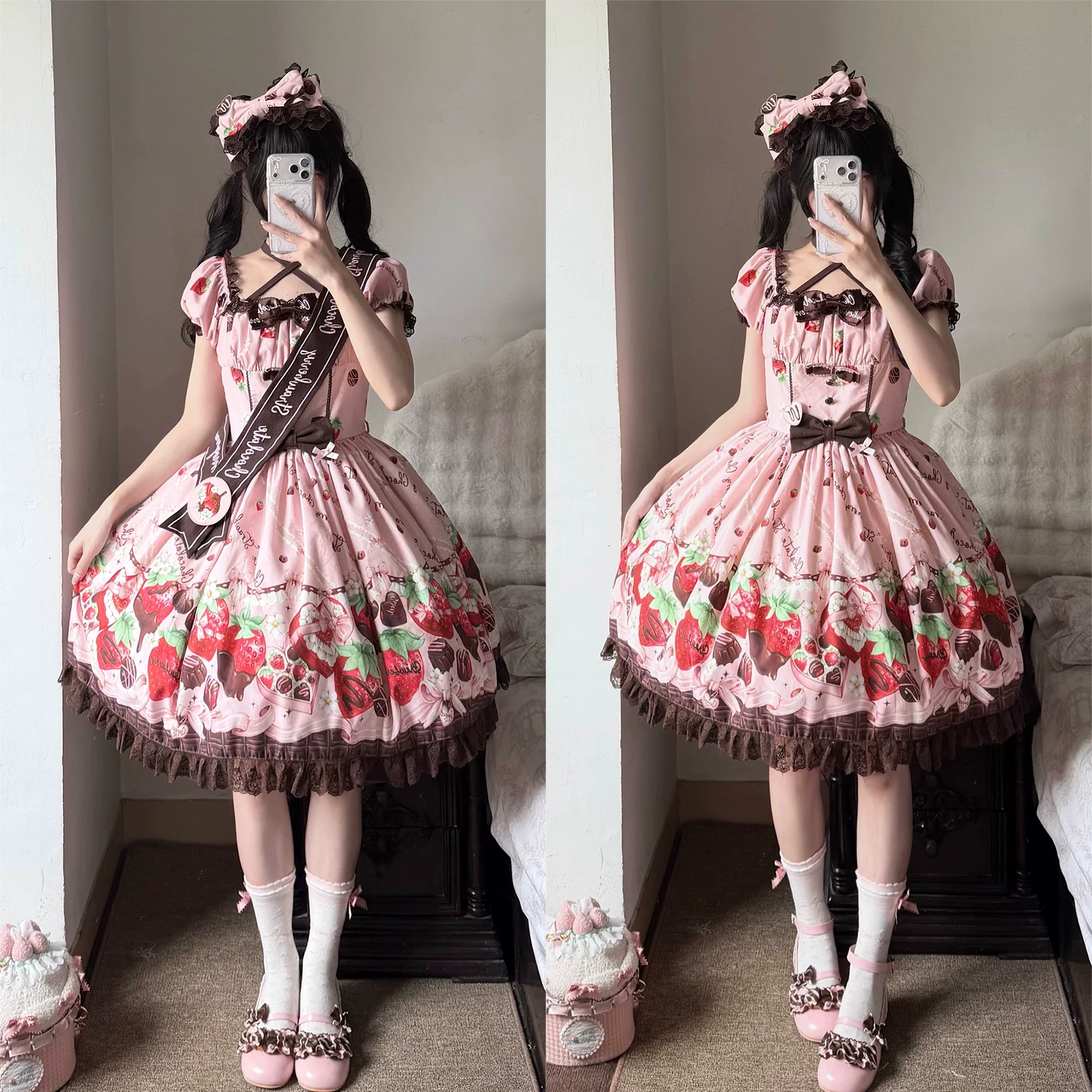 Strawberry Chocolate Lovers - Kawaii Lolita Embroidered Printed Dress - Image 31
