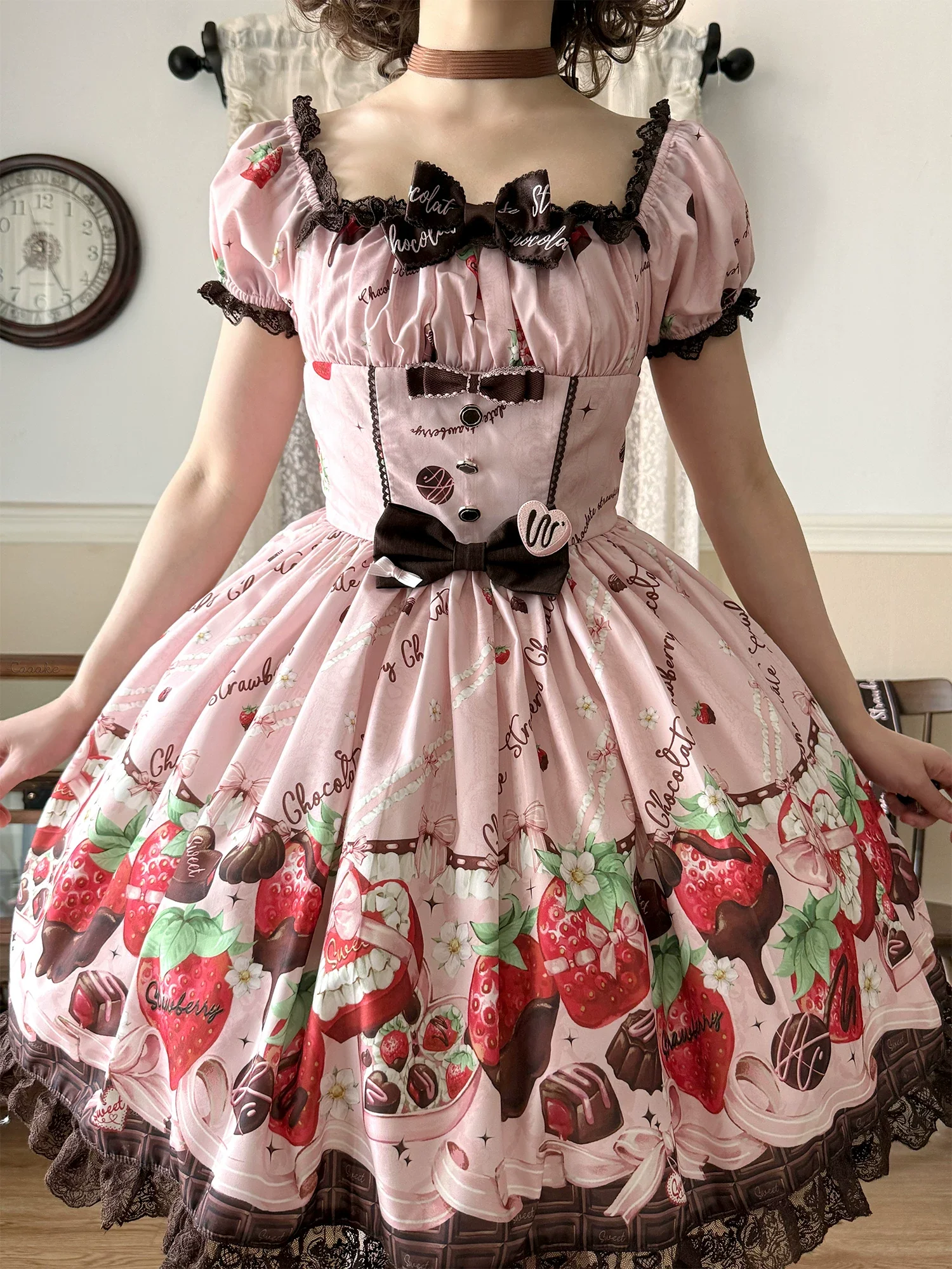 Strawberry Chocolate Lovers - Kawaii Lolita Embroidered Printed Dress - Image 4