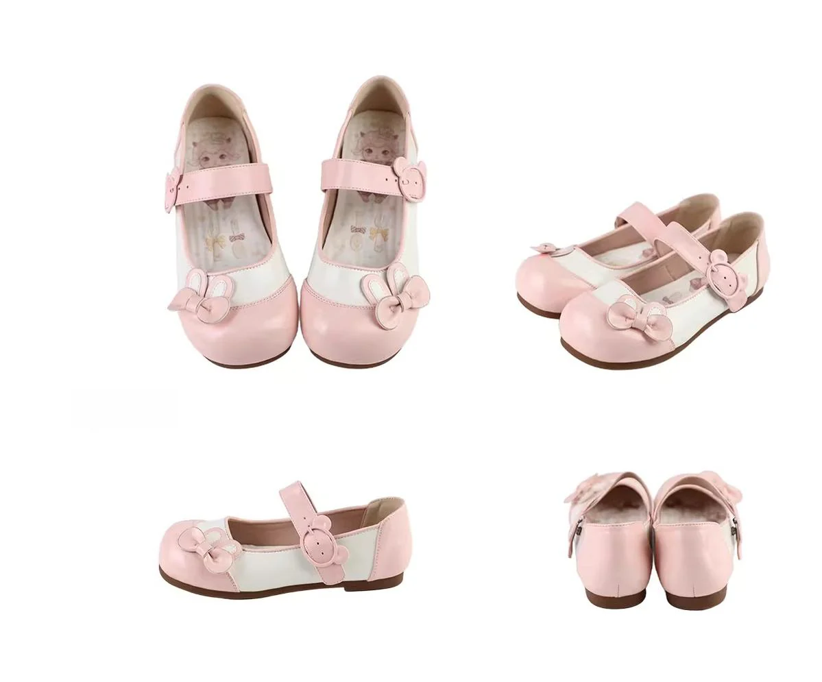 Bunny Milk Candy - Kawaii Lolita Flat Shoes, 3D Bunny Ear Bow - Image 18