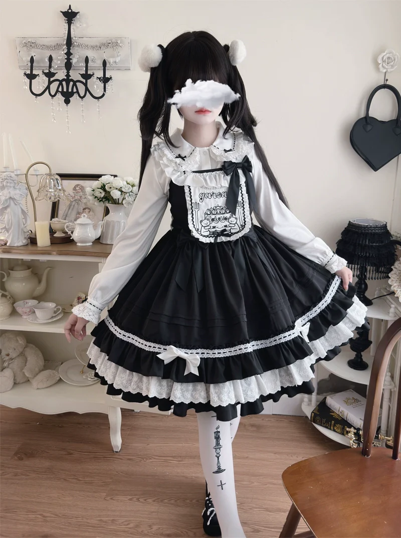 Hanguliang - Sweet Bear - Kawaii Lolita JSK Dress Embroidery Flounce Hem - Image 13