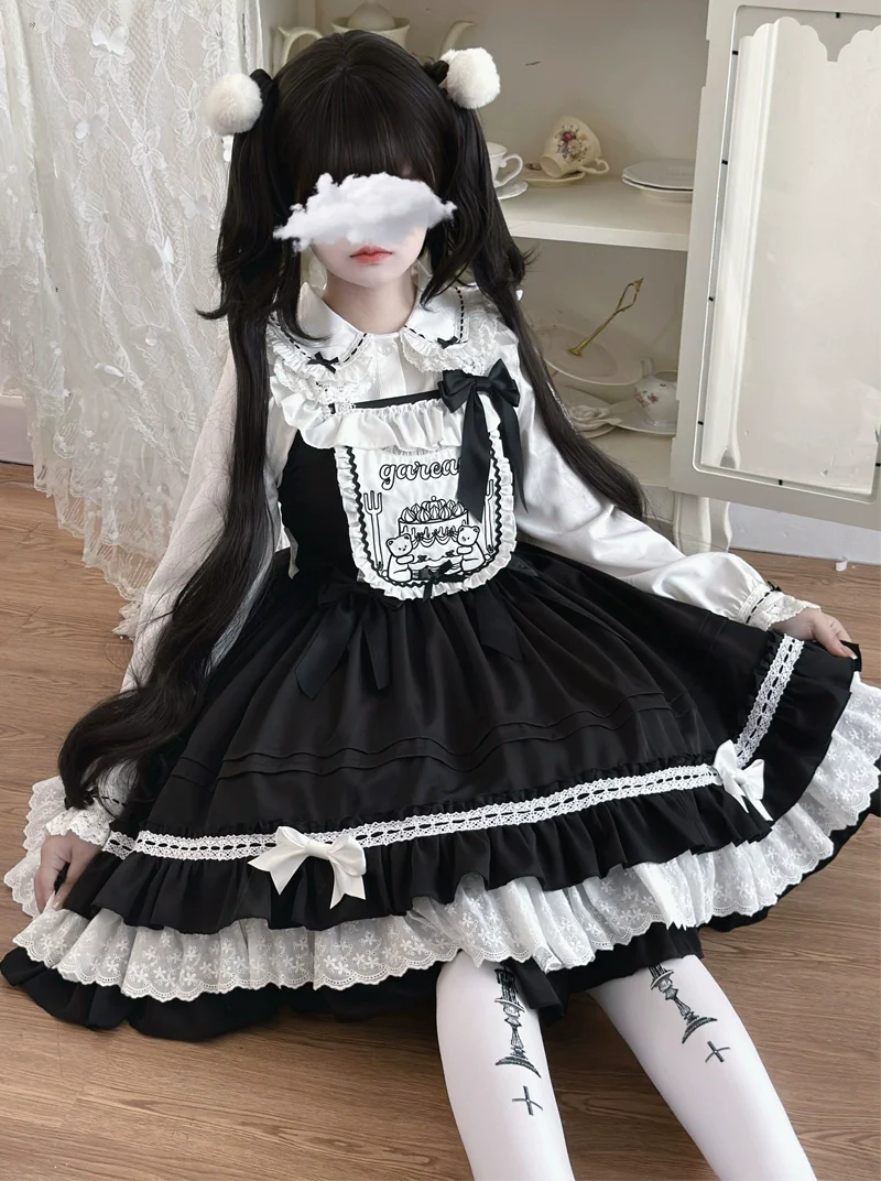 Hanguliang - Sweet Bear - Kawaii Lolita JSK Dress Embroidery Flounce Hem - Image 14