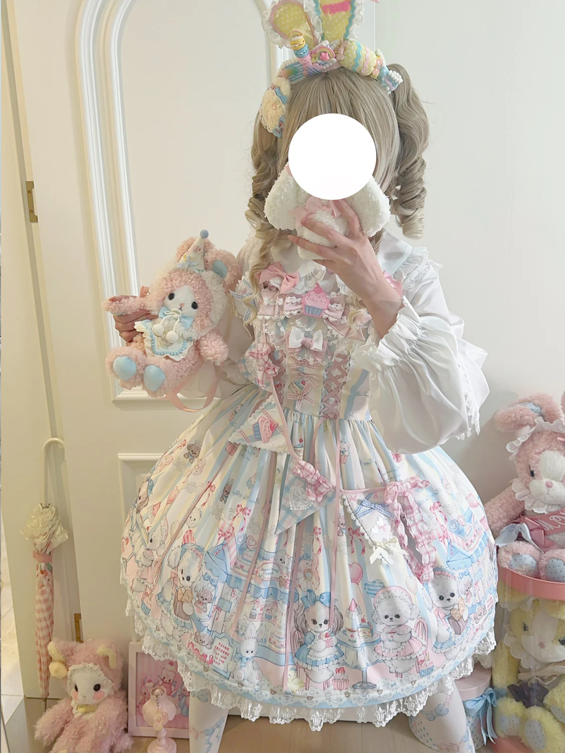 Hanguliang - Sweet Tea Party - Kawaii Lolita JSK Puppy Printed Dress with Sash - Image 6