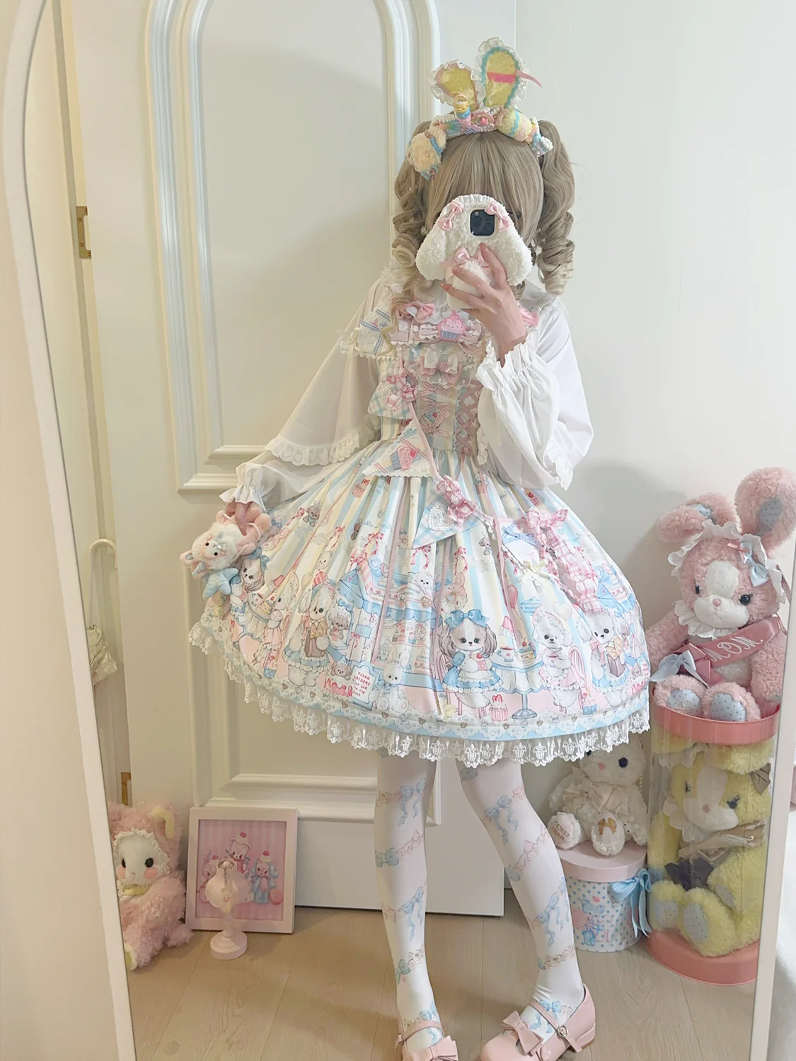 Hanguliang - Sweet Tea Party - Kawaii Lolita JSK Puppy Printed Dress with Sash - Image 8