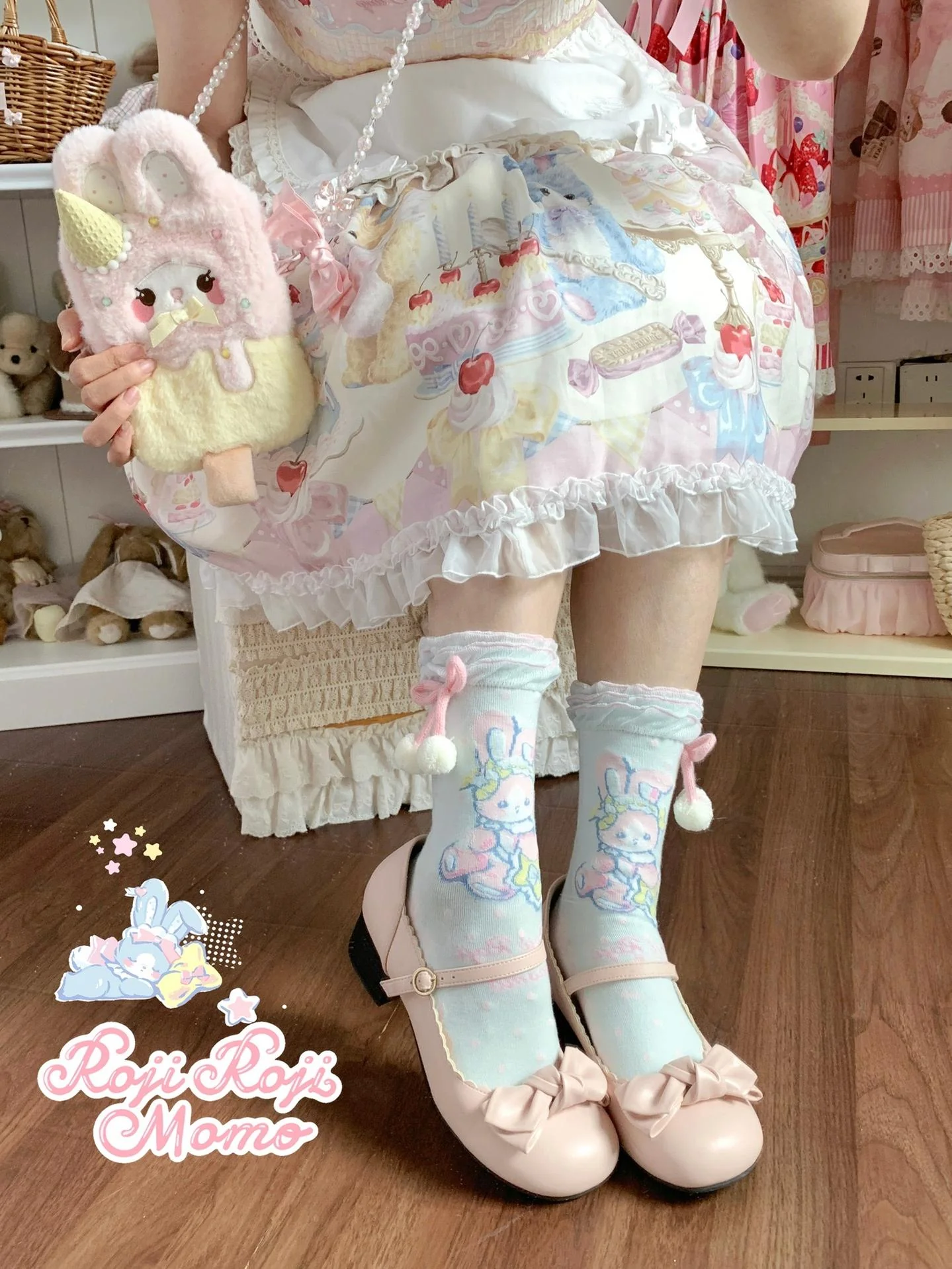 Kawaii Lolita Mid-Calf Socks, Rabbit Print - Image 2