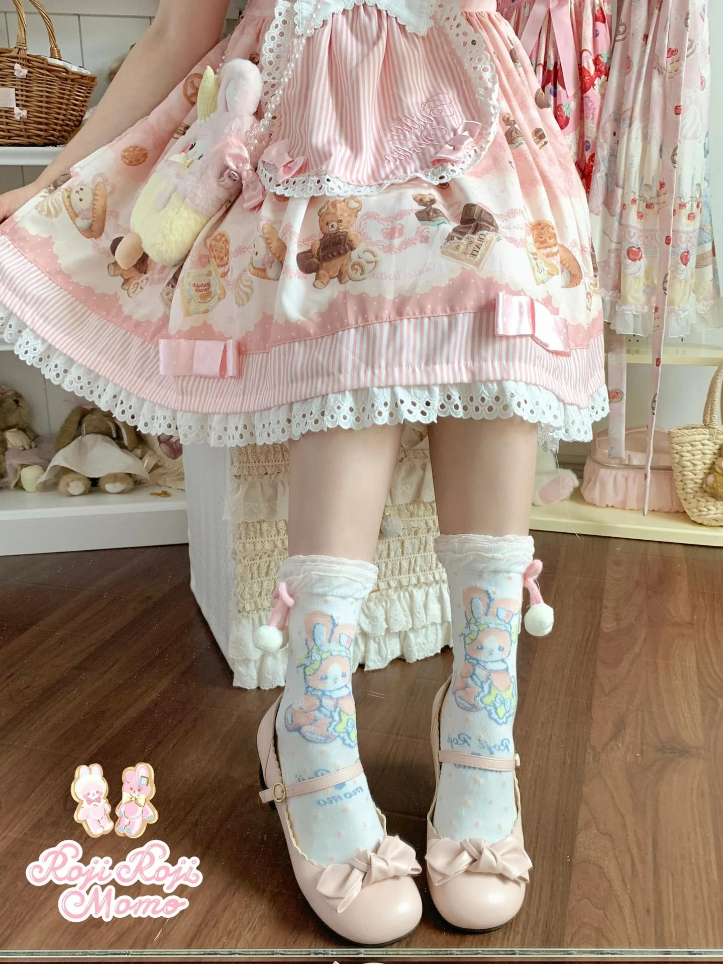 Kawaii Lolita Mid-Calf Socks, Rabbit Print - Image 4