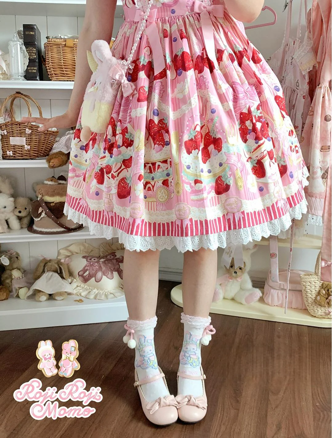 Kawaii Lolita Mid-Calf Socks, Rabbit Print - Image 6