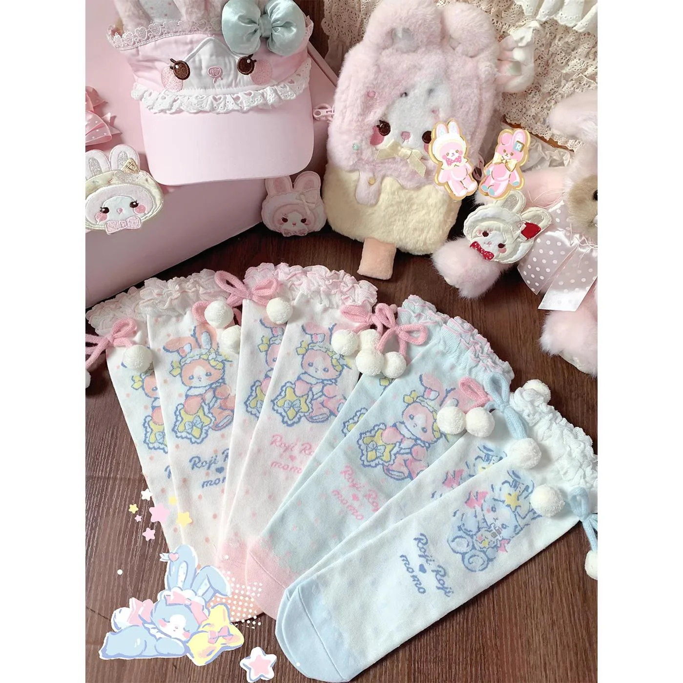 Kawaii Lolita Mid-Calf Socks, Rabbit Print - Image 7
