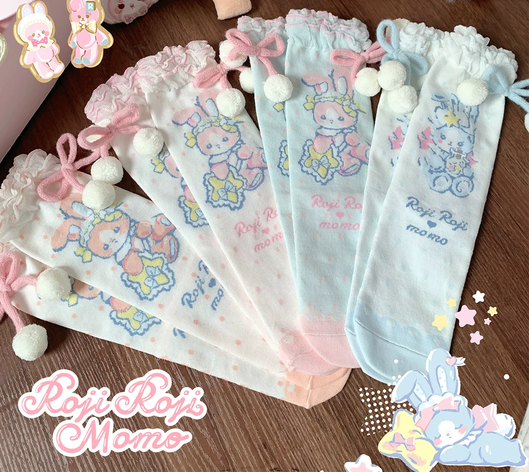 Kawaii Lolita Mid-Calf Socks, Rabbit Print - Image 9