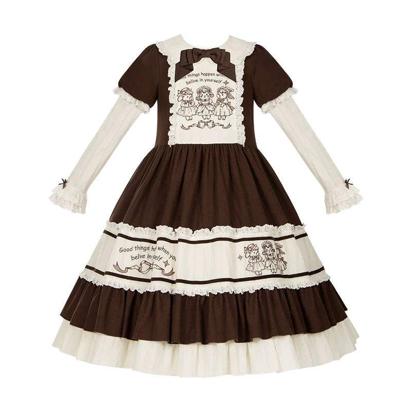 With PUJI - Sugar Frost Tale - Kawaii Lolita OP Button Closure Dress, Lamb & Bunny Embroidery - Image 20