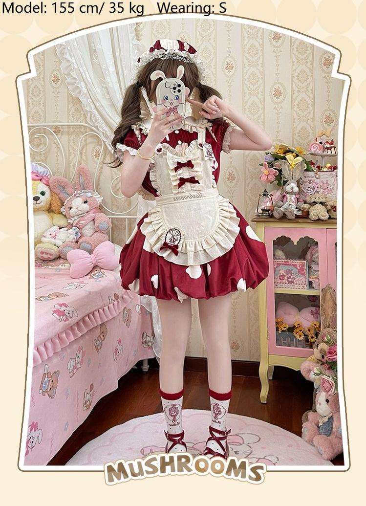 Mushroom - Kawaii Lolita OP Dress with Apron and Detachable Sleeves - Image 10