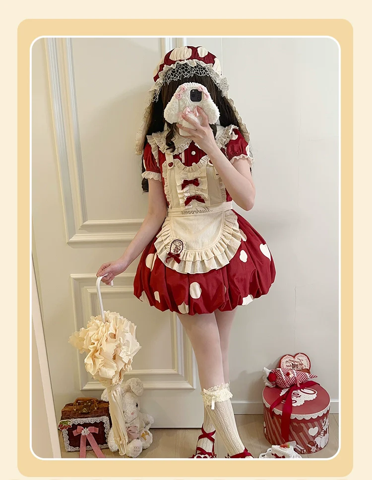 Mushroom - Kawaii Lolita OP Dress with Apron and Detachable Sleeves - Image 11
