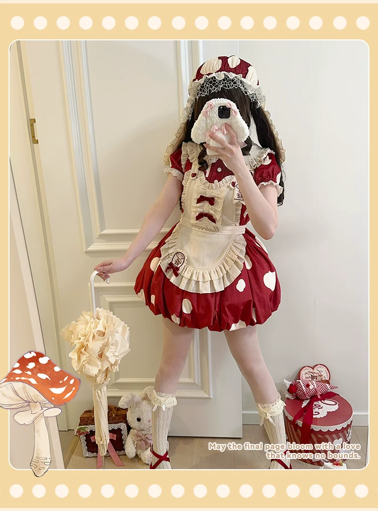 Mushroom - Kawaii Lolita OP Dress with Apron and Detachable Sleeves - Image 12