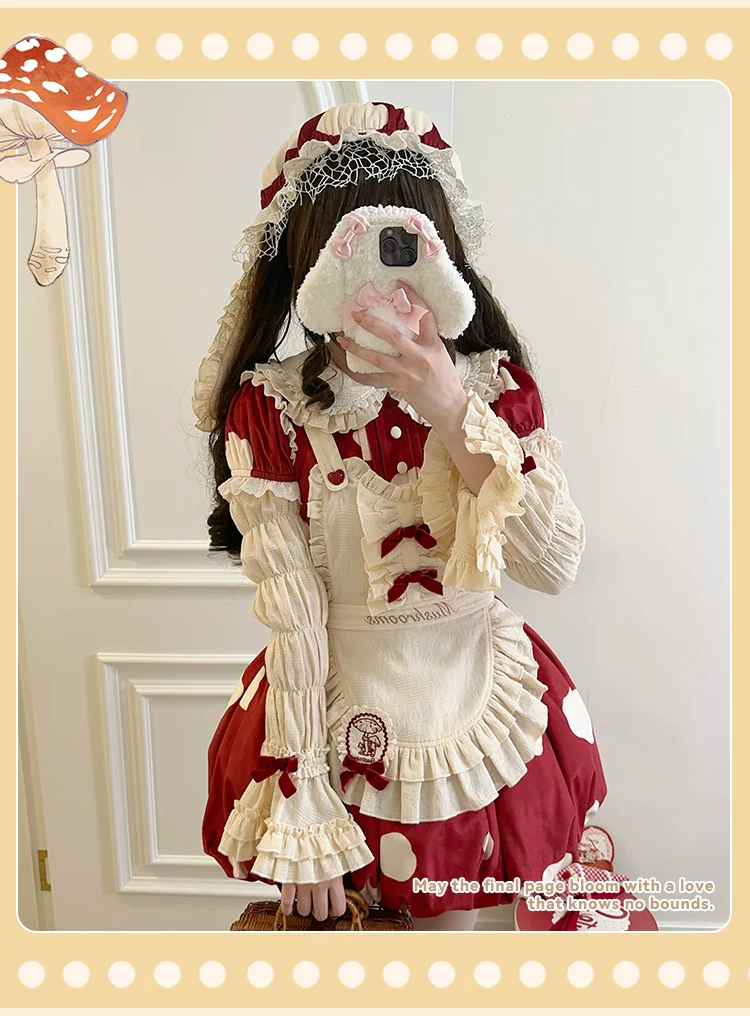Mushroom - Kawaii Lolita OP Dress with Apron and Detachable Sleeves - Image 13