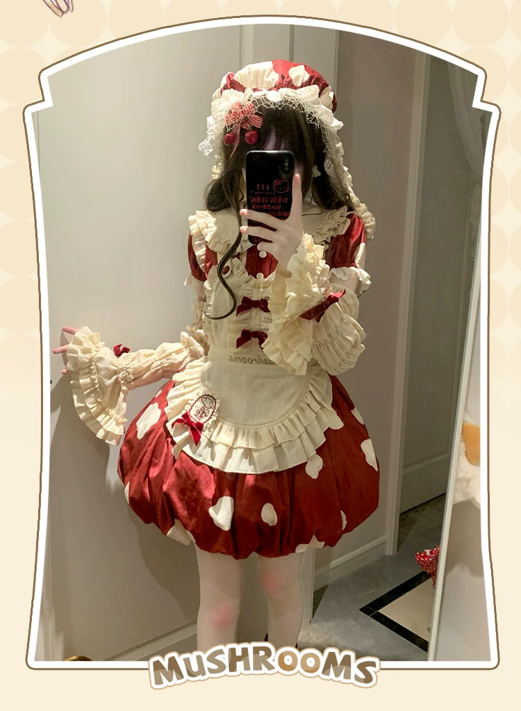 Mushroom - Kawaii Lolita OP Dress with Apron and Detachable Sleeves - Image 14
