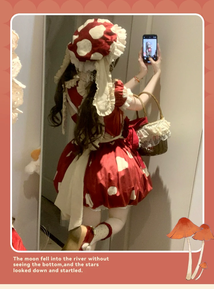 Mushroom - Kawaii Lolita OP Dress with Apron and Detachable Sleeves - Image 15