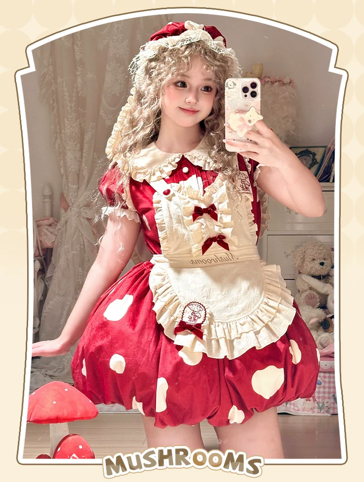Mushroom - Kawaii Lolita OP Dress with Apron and Detachable Sleeves - Image 16