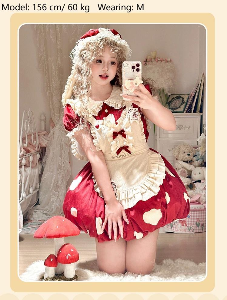 Mushroom - Kawaii Lolita OP Dress with Apron and Detachable Sleeves - Image 18