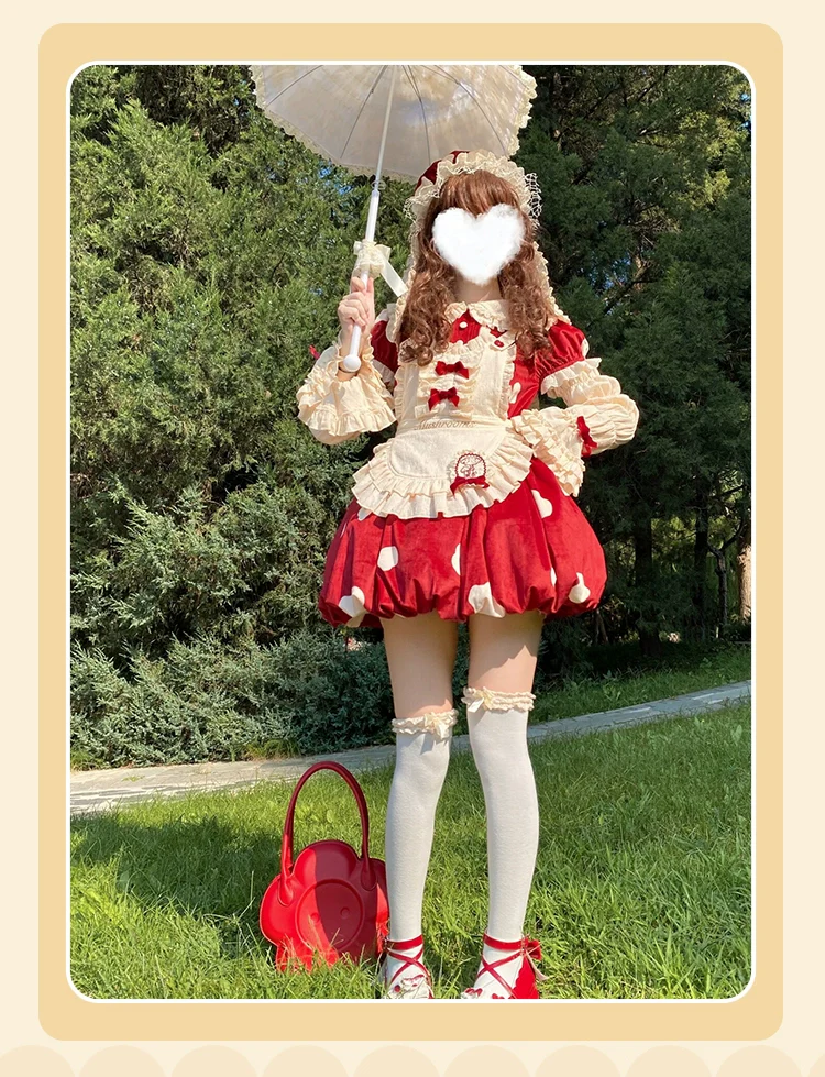 Mushroom - Kawaii Lolita OP Dress with Apron and Detachable Sleeves - Image 2