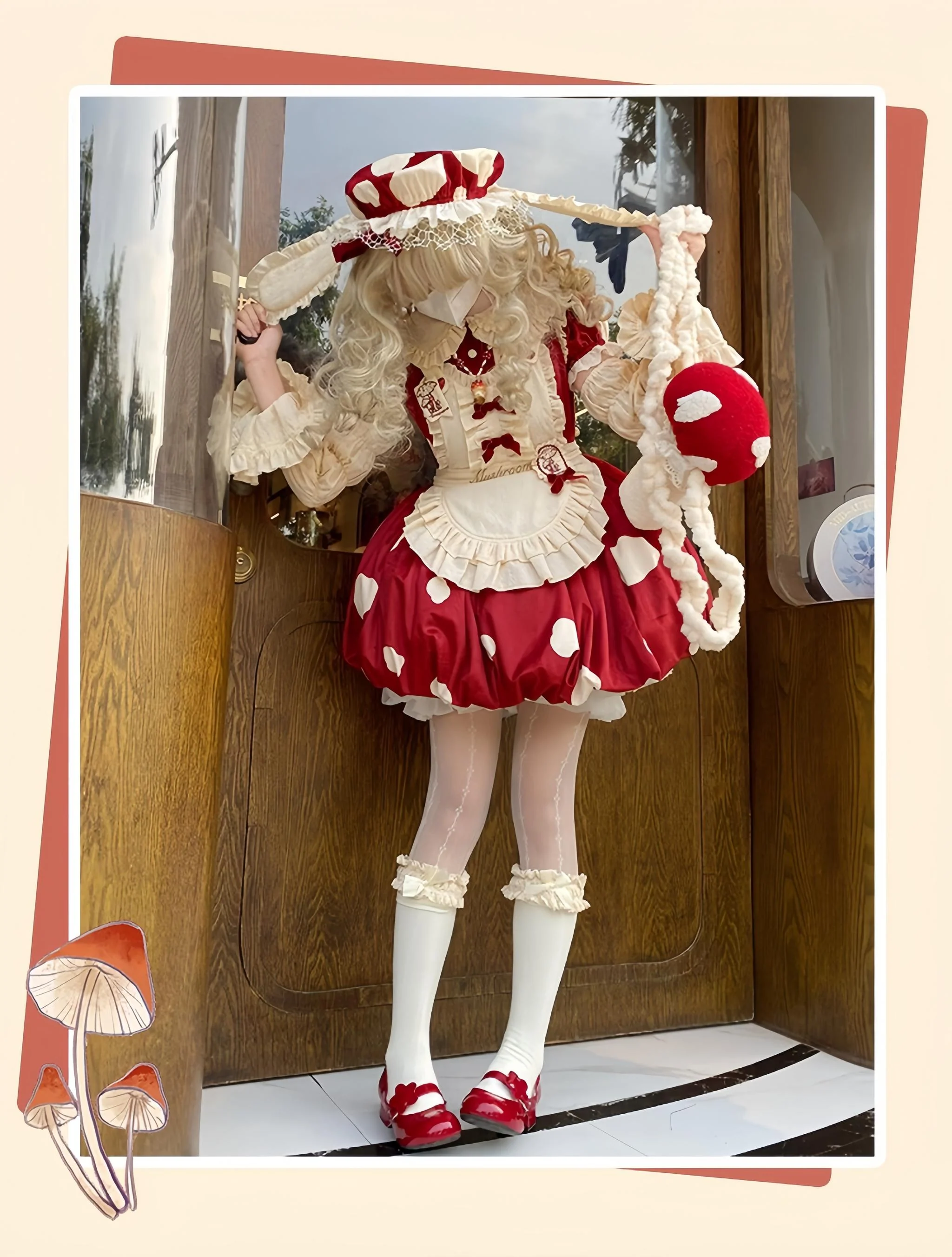 Mushroom - Kawaii Lolita OP Dress with Apron and Detachable Sleeves - Image 5