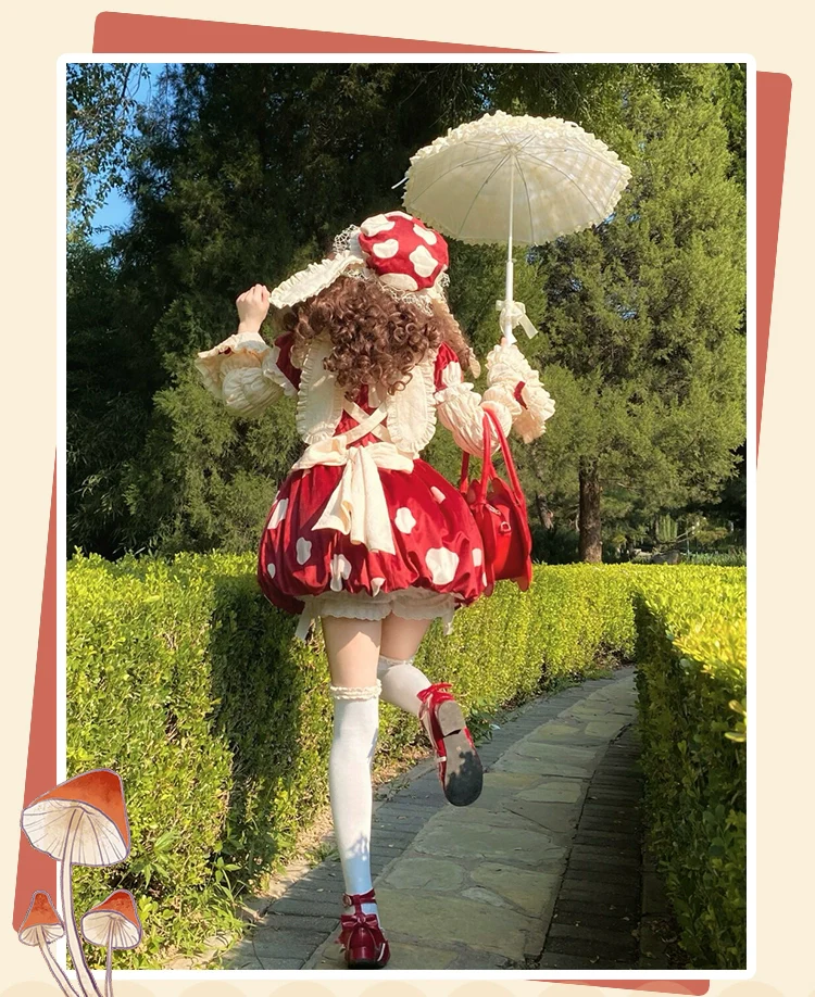 Mushroom - Kawaii Lolita OP Dress with Apron and Detachable Sleeves - Image 8